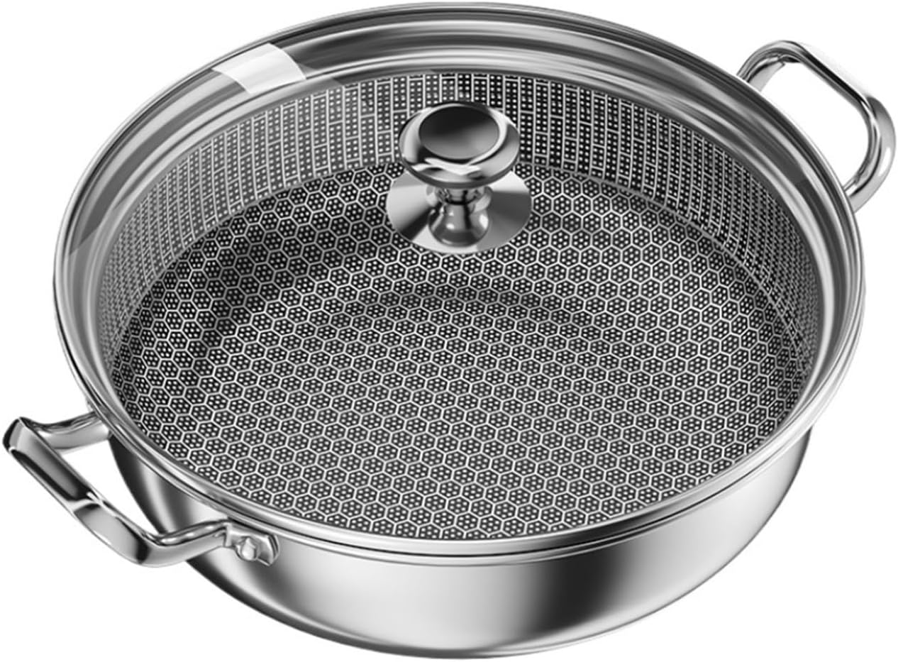 Copper hot Pot， Stainless Steel Double Ear Soup Pot Hot Pot Induction Cooker Gas Stove Universal Chinese Hot Pot,Silver-32cm(34cm)