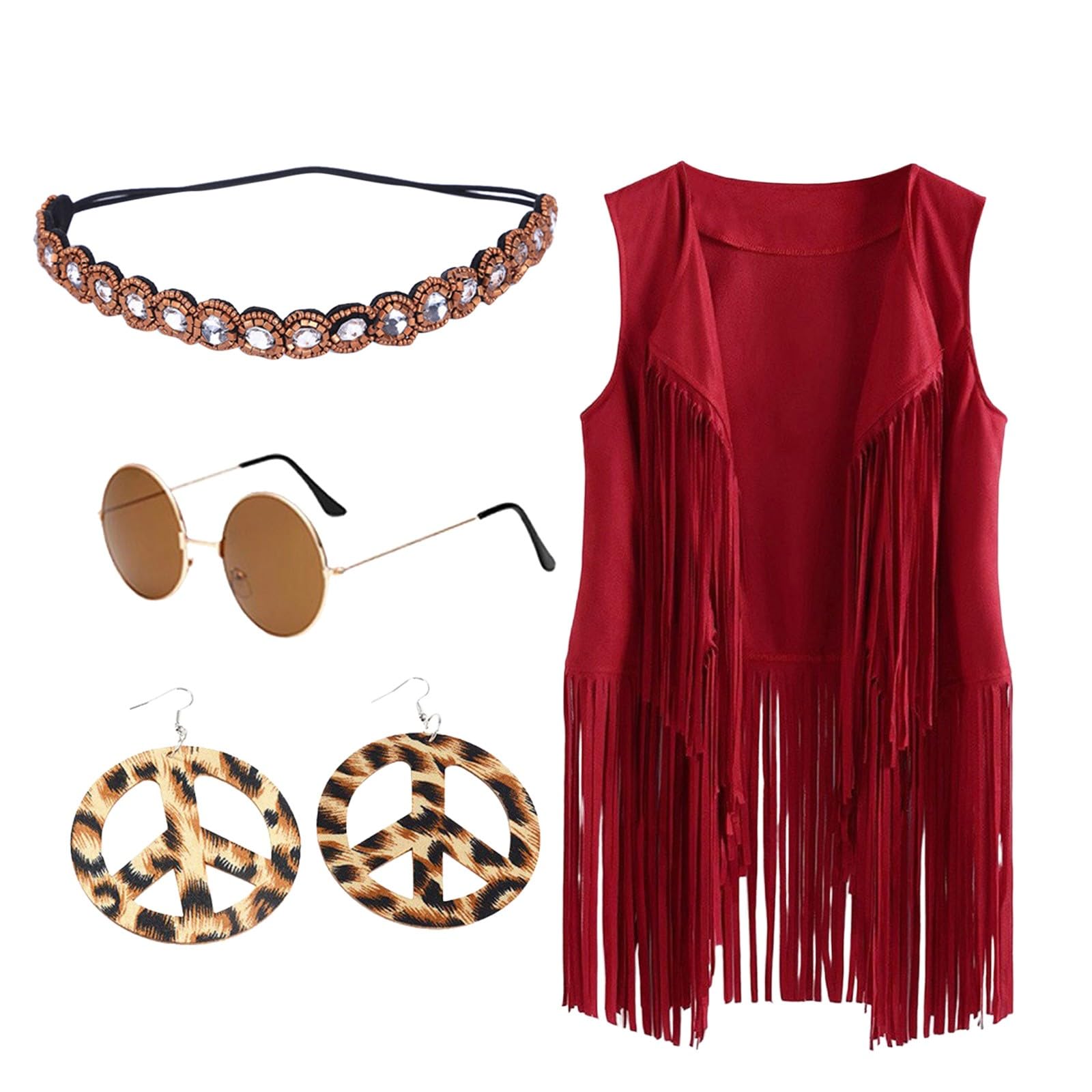 KBOPLEMQ Hippie Costume Women's Set Brown Fringe Vest Hippie Bolero Carnival Fancy Dress Costumes 4 Pieces Set Halloween Fringe Sleeveless Vest Hippie Clothing 60s 70s Clothing Disco Outfit