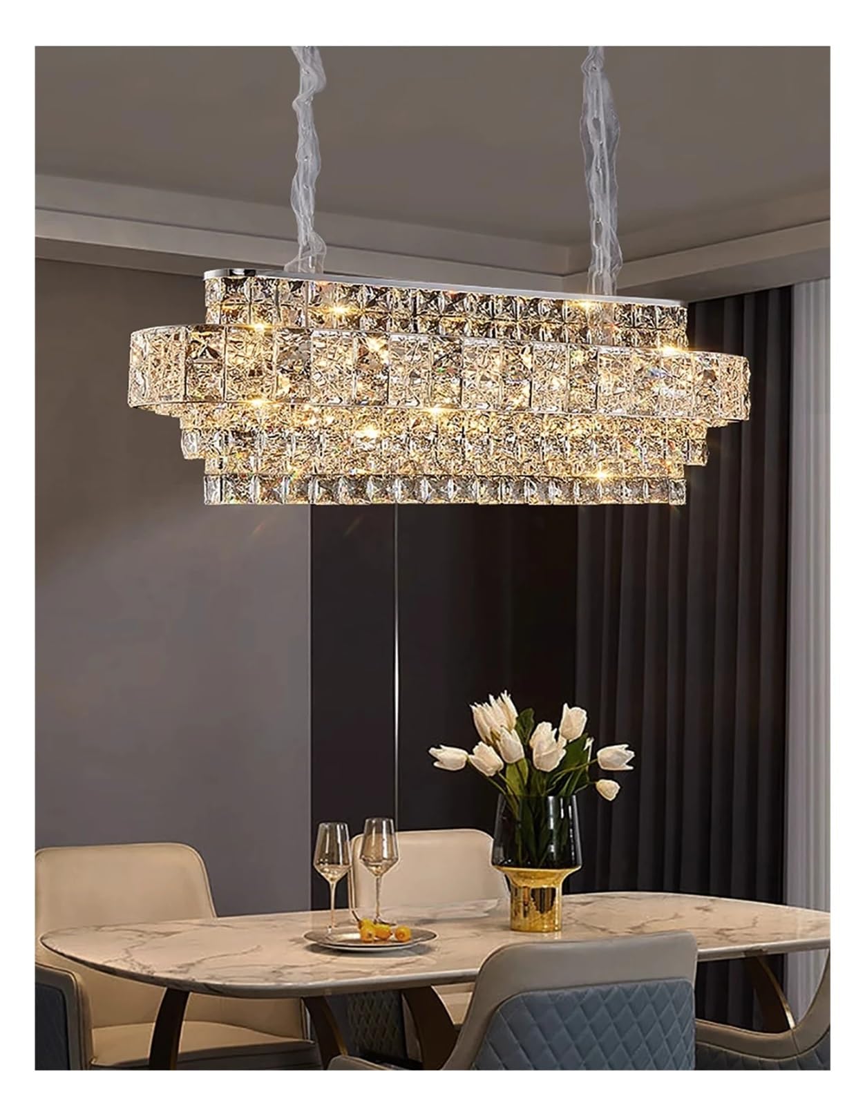 IvyLoutish Luxury Glittering Crystal Long Pendant Lights Modern Lustres LED Oval Hanging Lamps for Ceiling Home Decor Dining Room