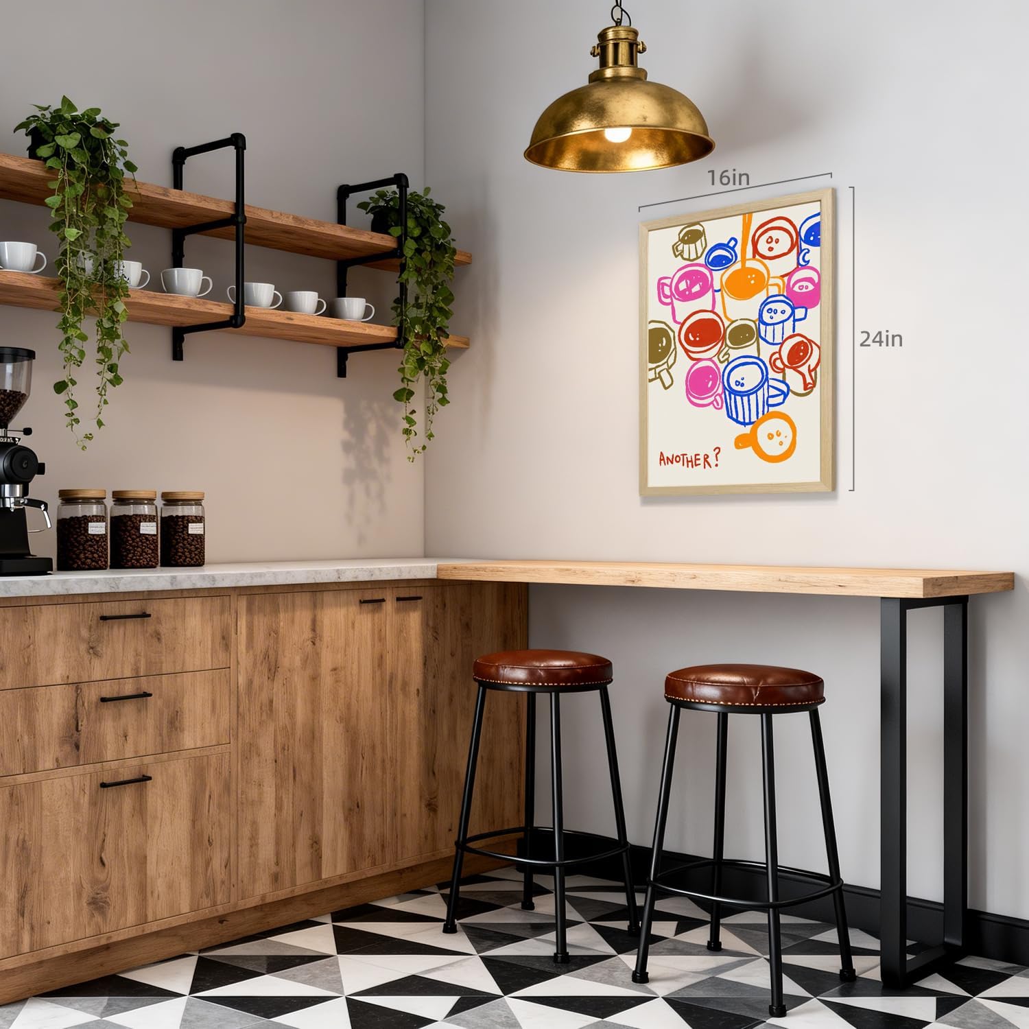 PORENY Funny Colorful Coffee Wall Art, Cute Cartoon Illustration Poster Print, Modern Coffee Bar Decor, Trendy Kitchen Cafe Aesthetic Artwork for Coffee Lover Restaurant Office Wood Framed 12x16 Inch