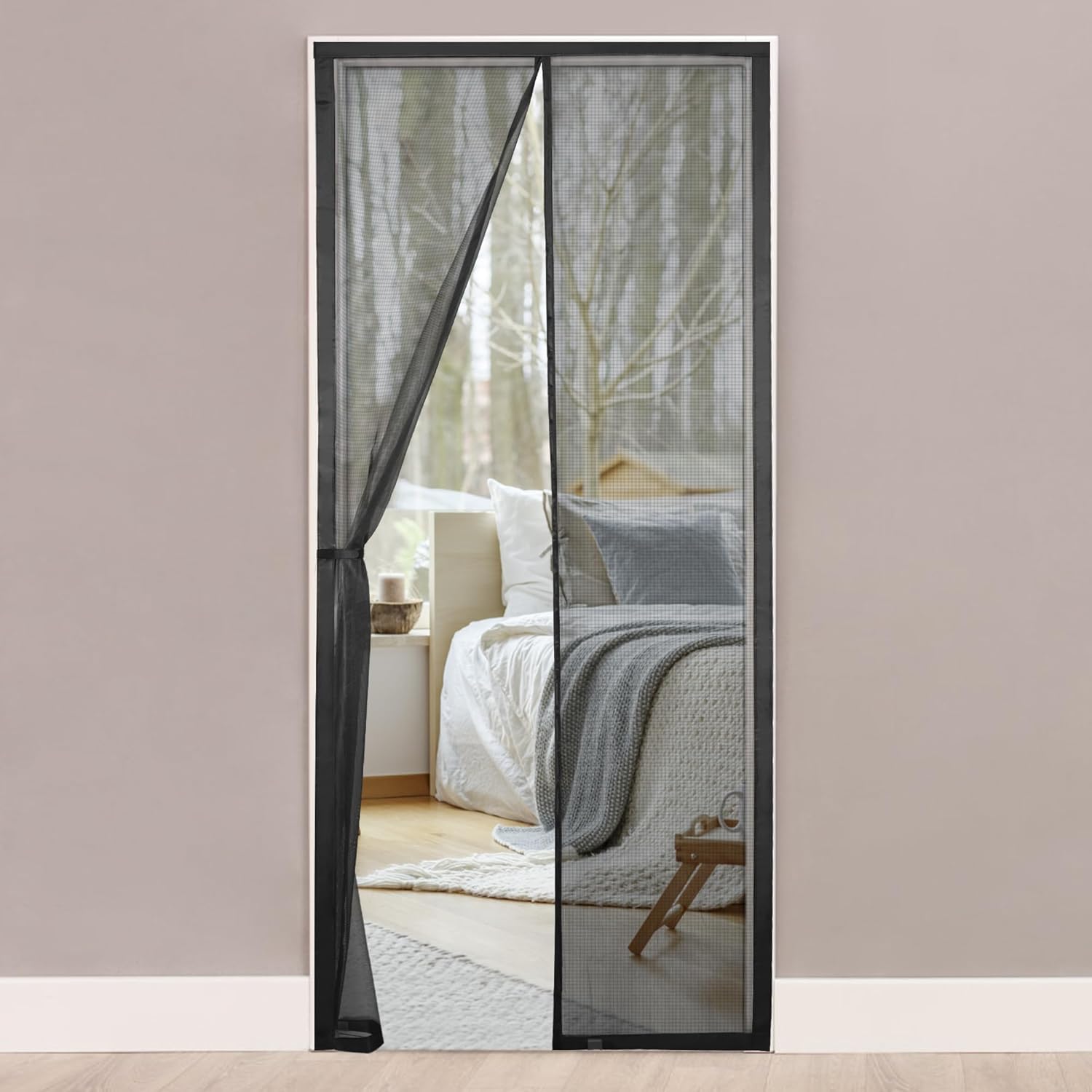 Magnetic Screen Door, Polyester Mesh Partition for Front/Sliding Door, Self Sealing with Powerful Magnets, 1.57 in Wide Webbing, Keep Bugs Out, Screen Size 31x80in, Black