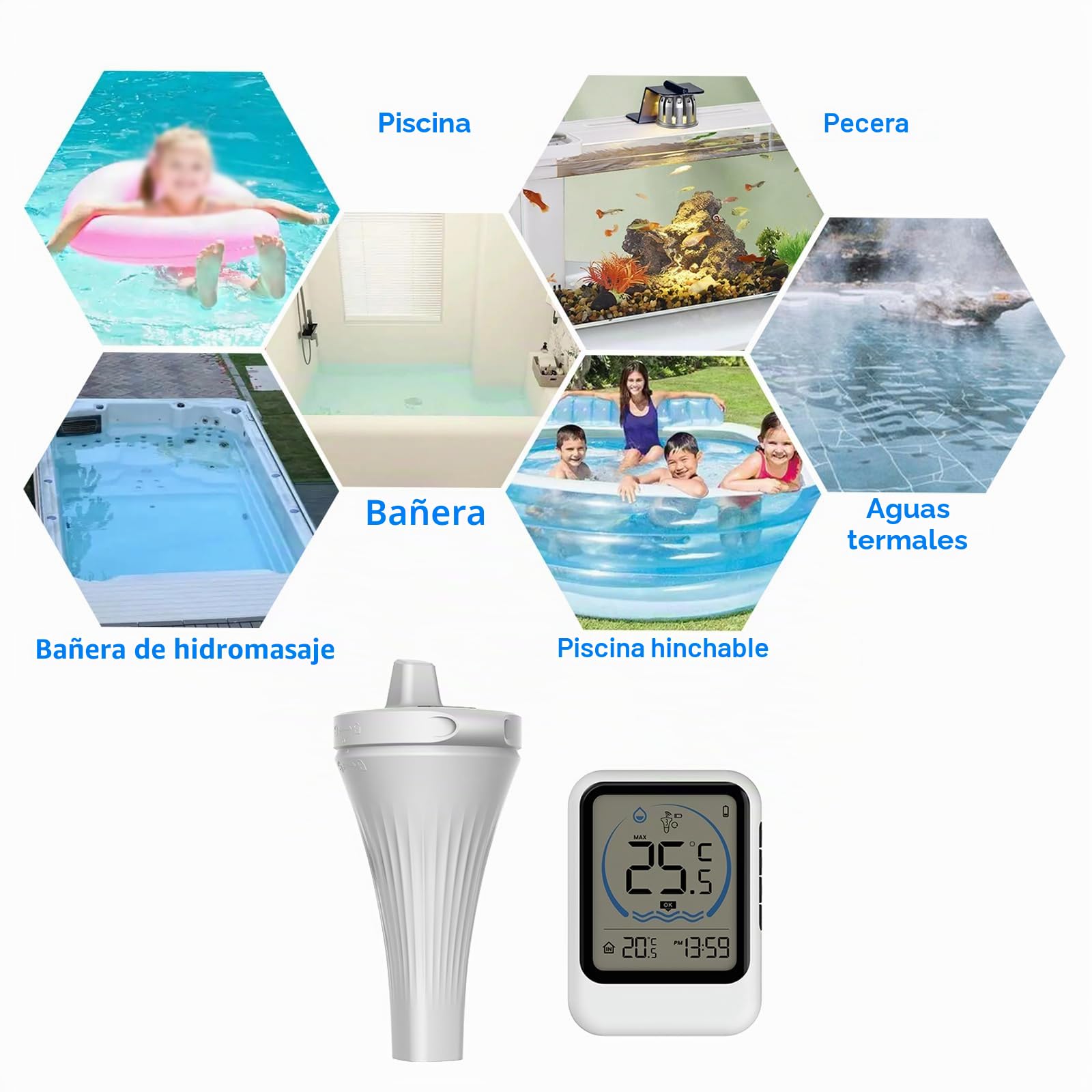 Termómetros Para Piscinas con Pantalla LCD,Termómetro Piscina Interior y Exterior, Termómetro Inalámbrico Para Piscinas Flotante para Piscinas, Jacuzzis, Spa, Bañeras