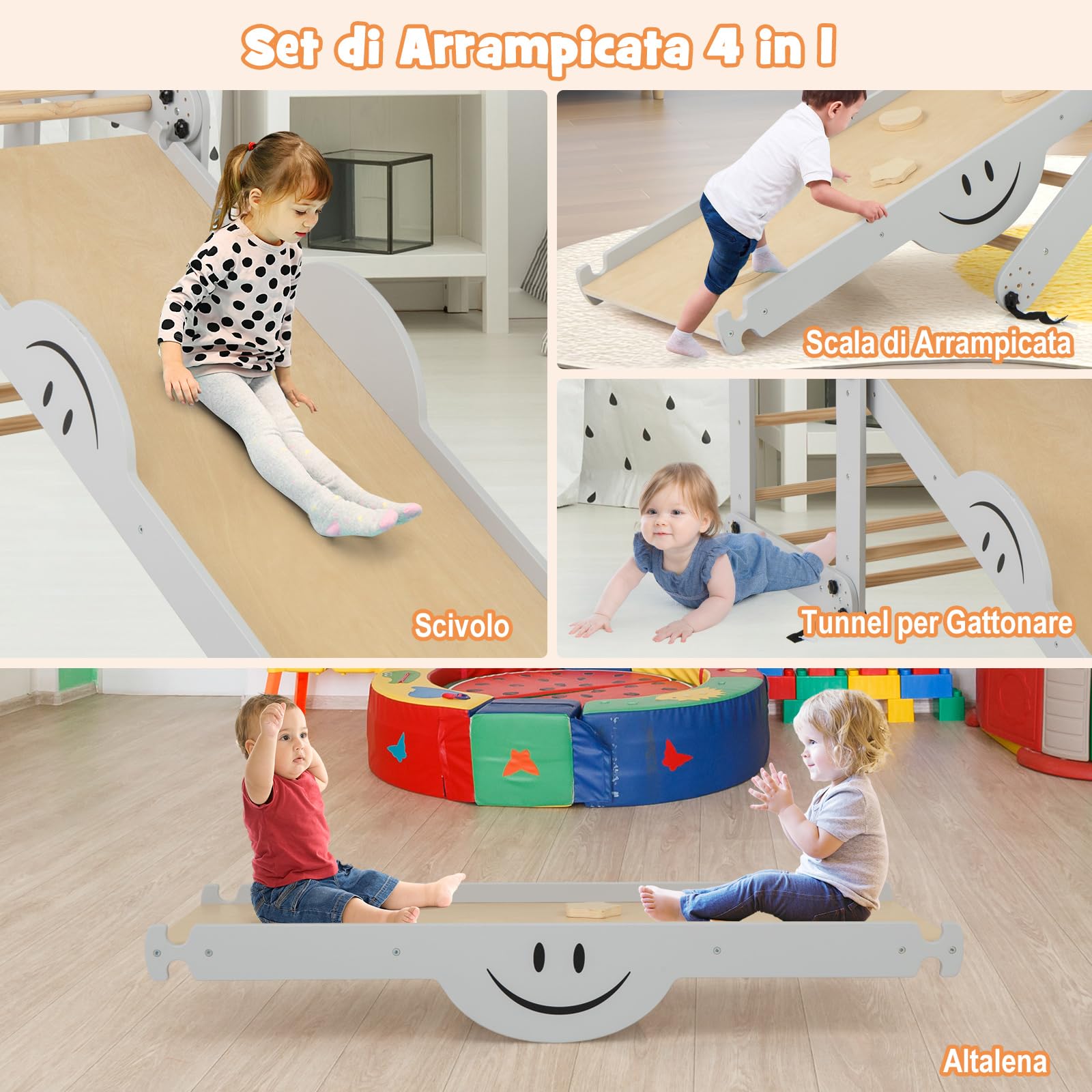 RELAX4LIFE 5 en 1 Juego de Escalada Niños con Rampa Reversible y Balancín, Juguetes Montessori Plegable de Madera, Parque Infantil Montessori Ajustable para Niños 3+ Años (Gris)