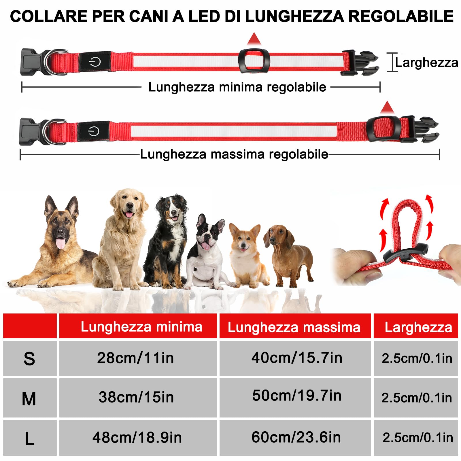 Nepfaivy Collare Luminoso per Cani Ricaricabile - Collare per Cani a Led con Lunghezza Regolabile, 3 Modalità di Illuminazione per la Sicurezza Notturna, Rosso