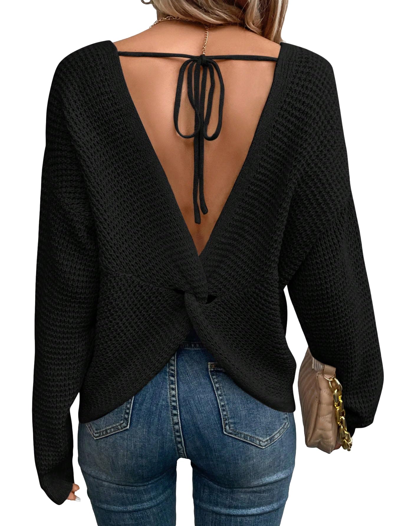 Verdusa Womens Off The Shoulder Sweater Waffle Pullover Knit Tops Twist Tie Cropped Sweaters Dailywear