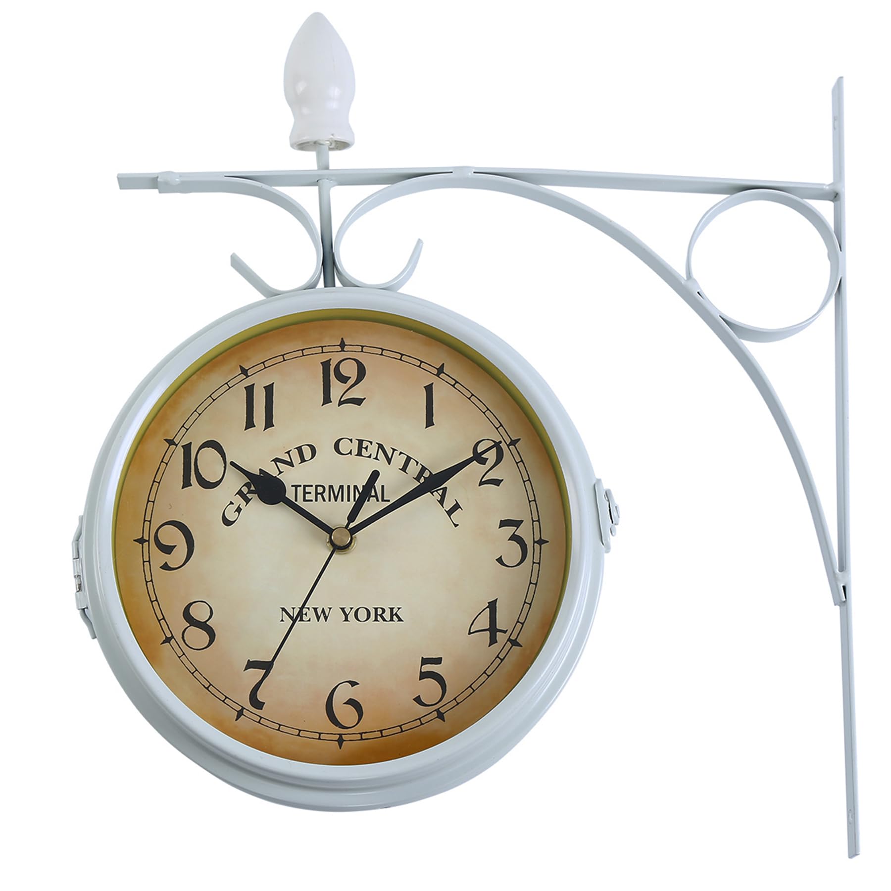 Samger Bahnhofsuhr Doppelseitig Wanduhr Garten Uhr Bahnhof mit Halterung, Retro Vintage-Stil, 29CM, Eisen, New York, Batteriebetrieben, Weiß, Beidseitige Wanduhr für Drinnen und Draußen