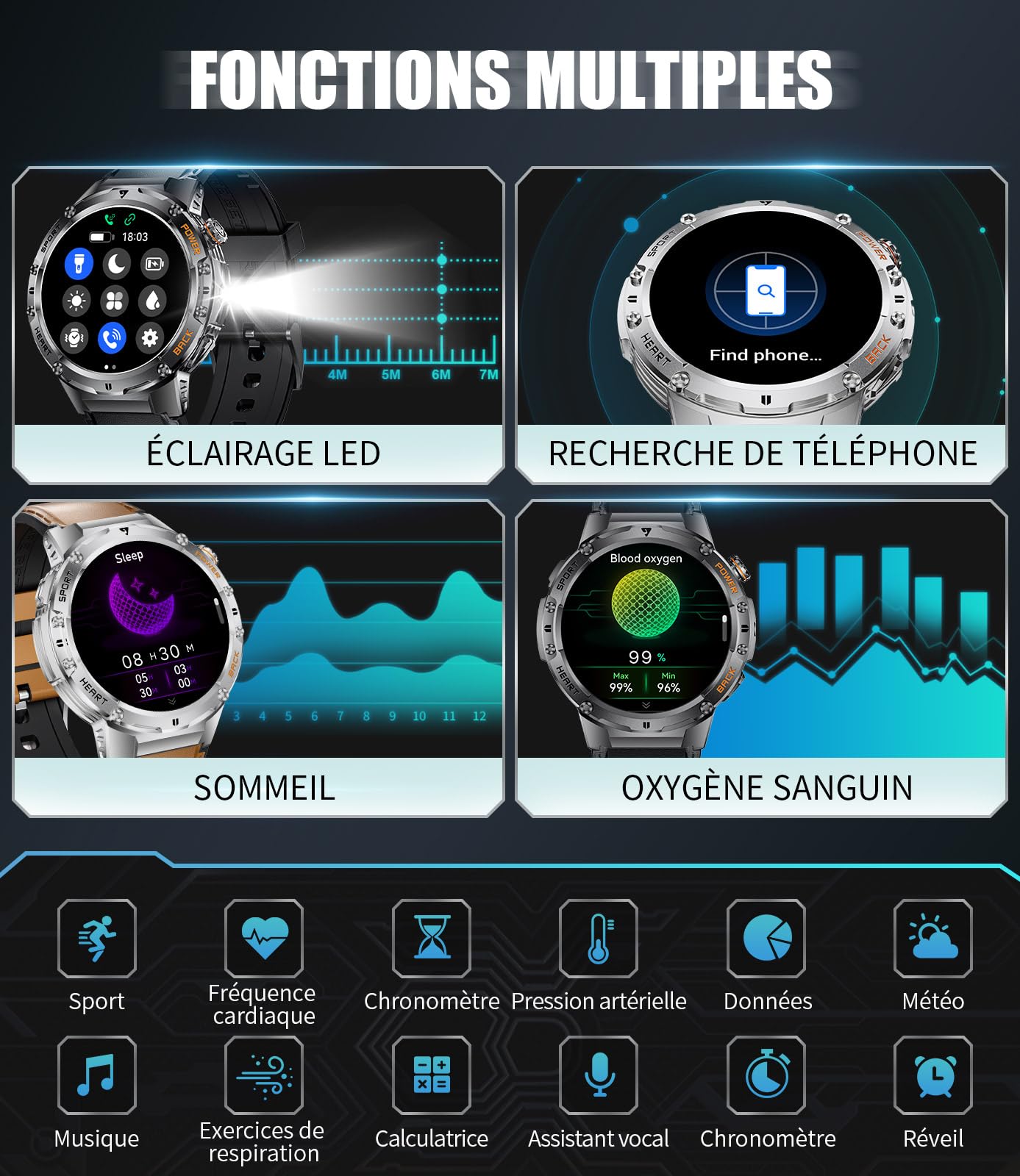 Montre Connectée Homme 1,43'' AMOLED Fitness Tracker Appel Bluetooth Android iOS Sommeil Fréquence Cardiaque Podomètre 5ATM étanche Smartwatch 2 Bracelets