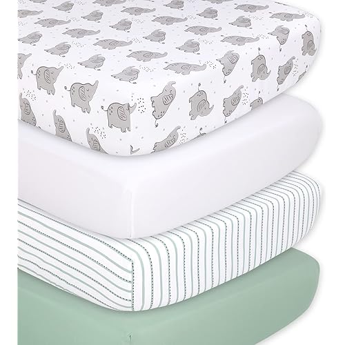 The Peanutshell Fitted Crib Sheets Set, Unisex 4 Pack, Grey Elephant, White & Green