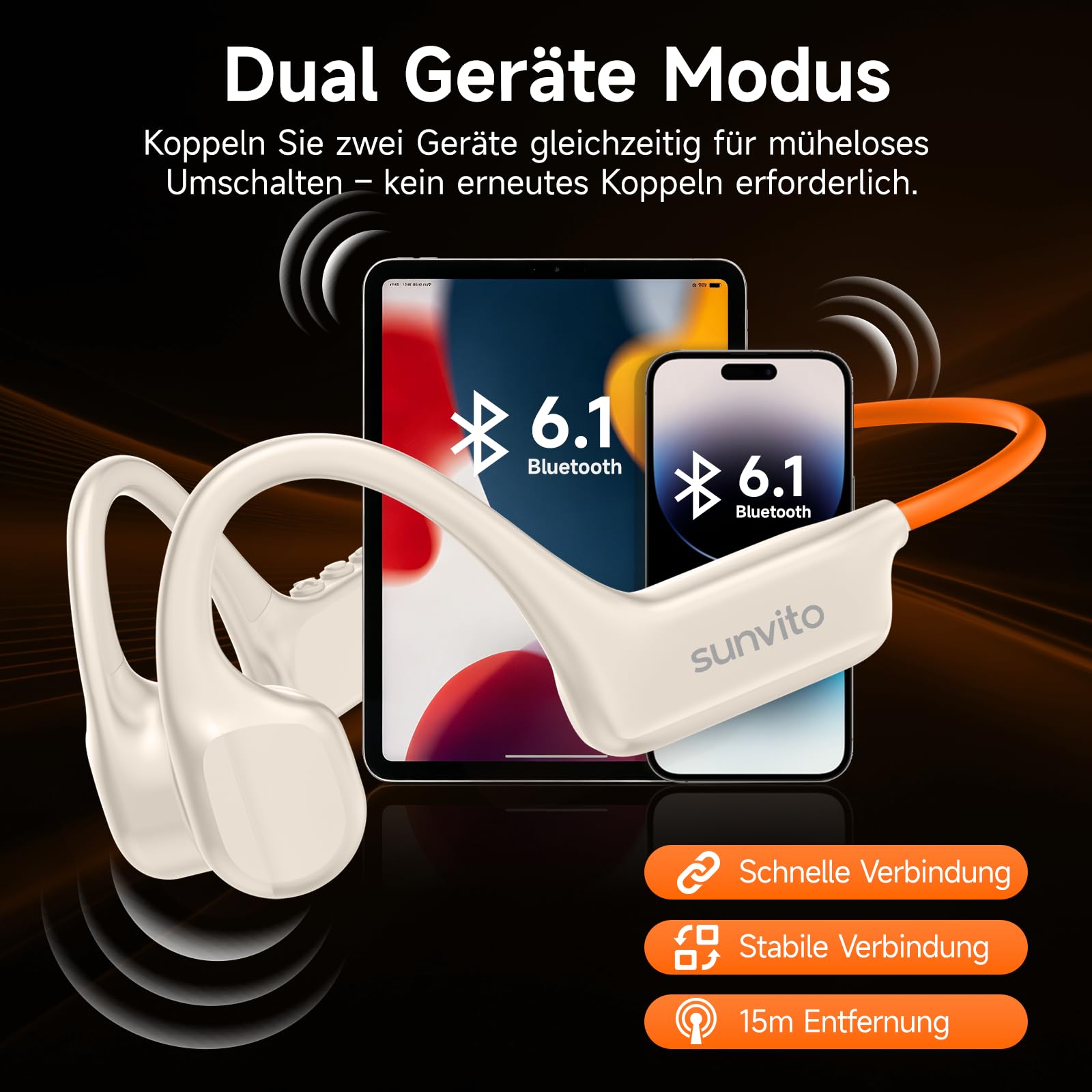 Knochenleitung Kopfhörer Bluetooth 6.1, IPX7 wasserdichte Open-Ear Kopfhörer mit Mikrofon, leichte Bone Conduction Headphones für Laufen, Fitness, Radfahren - Orange