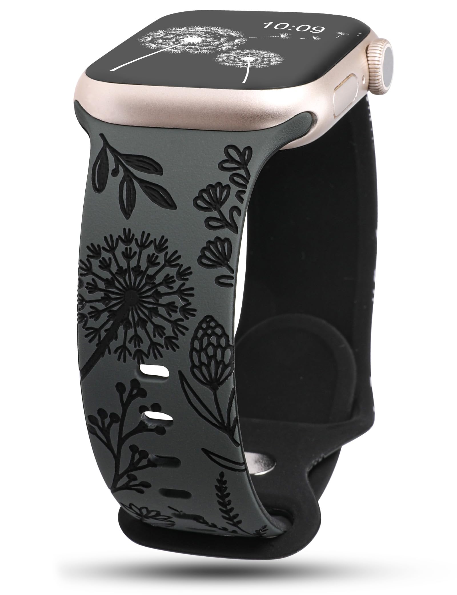 Wearlizer Floral Engraved Band Compatible with Apple Watch Bands 38/40/41/42/44/45/46/49mm Women, Two-Tone Flower Silicone Cute Sport Strap for iWatch