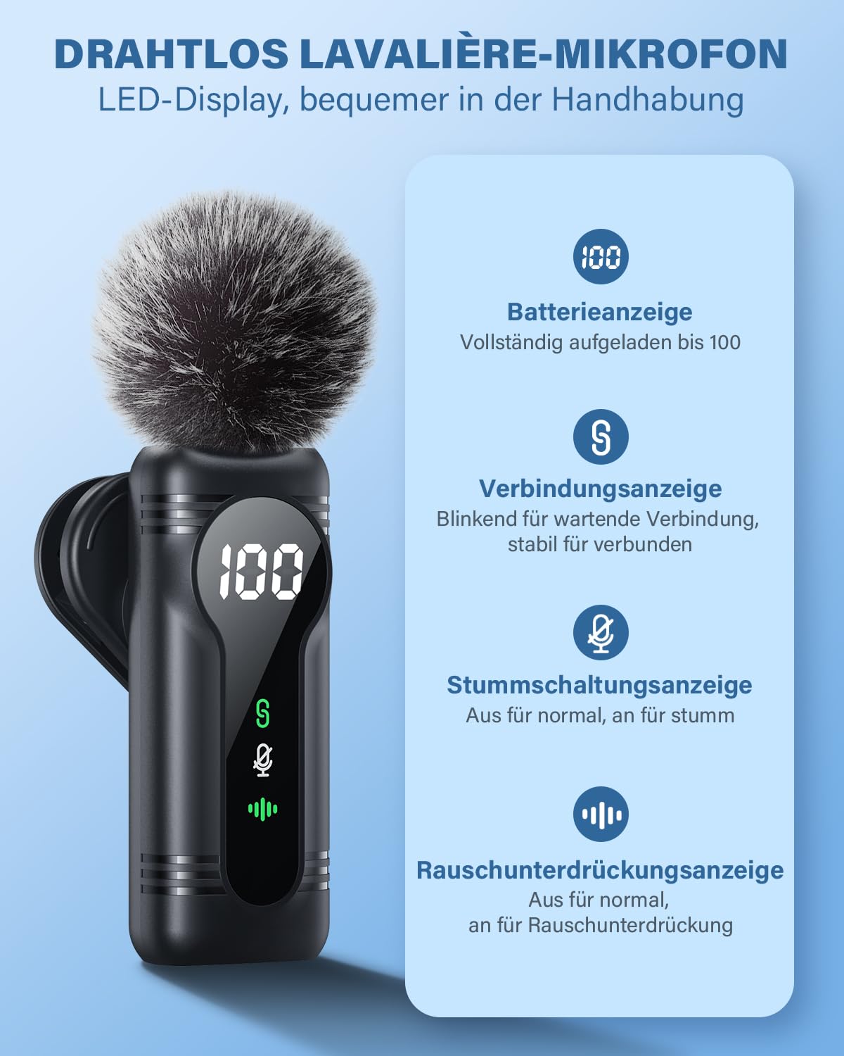 Kabelloses Lavalier-Mikrofon für iPhone, iPad, Android-Geräte - Mini Clip-On Mikrofon mit Geräuschunterdrückung, Auto-Pairing, Stummschaltung und Reverb, ideal für Vlogging, Videoaufnahmen, TK