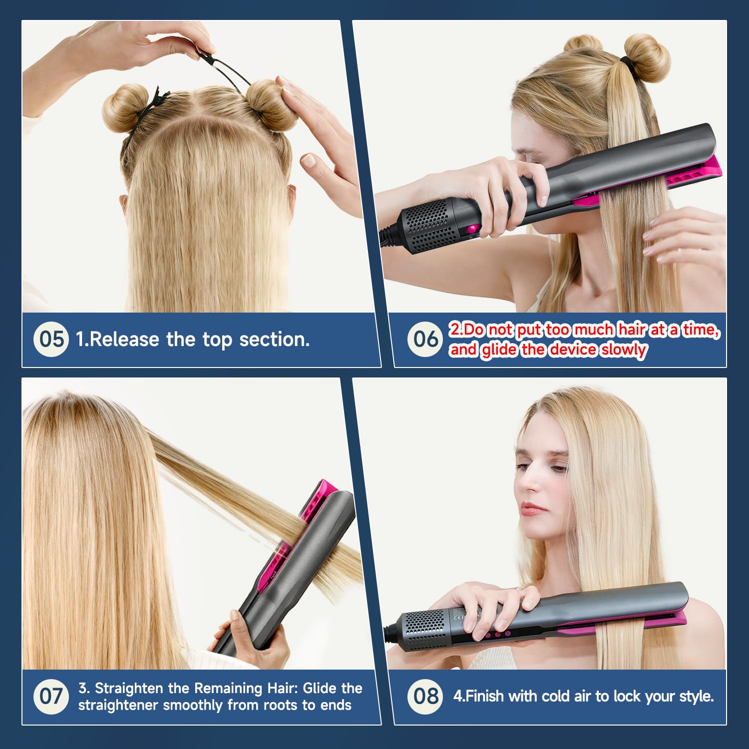 Air Haarglätter, Ionen Air Glätteisen OHNE Heizplatten, Nass bis Trocken, Glätten mit Luft, Ohne Hitzeschäden, für Mittleres Haar und Langes Haar(35-75cm), 1300W, 90℃-160℃