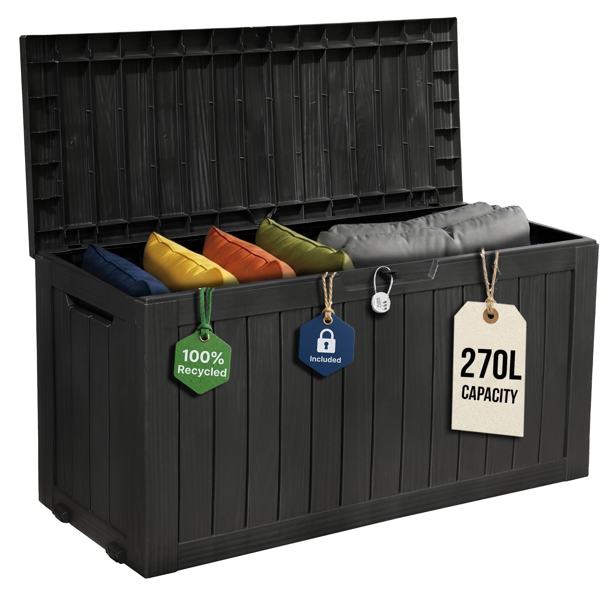 Olsen & Smith Black 270L Sit-On Garden Storage Box – Weatherproof Outdoor Plastic Shed Seat With Padlock, Lockable Wood Effect Chest For Patio, Deck, And Garage (, 270 Litre)