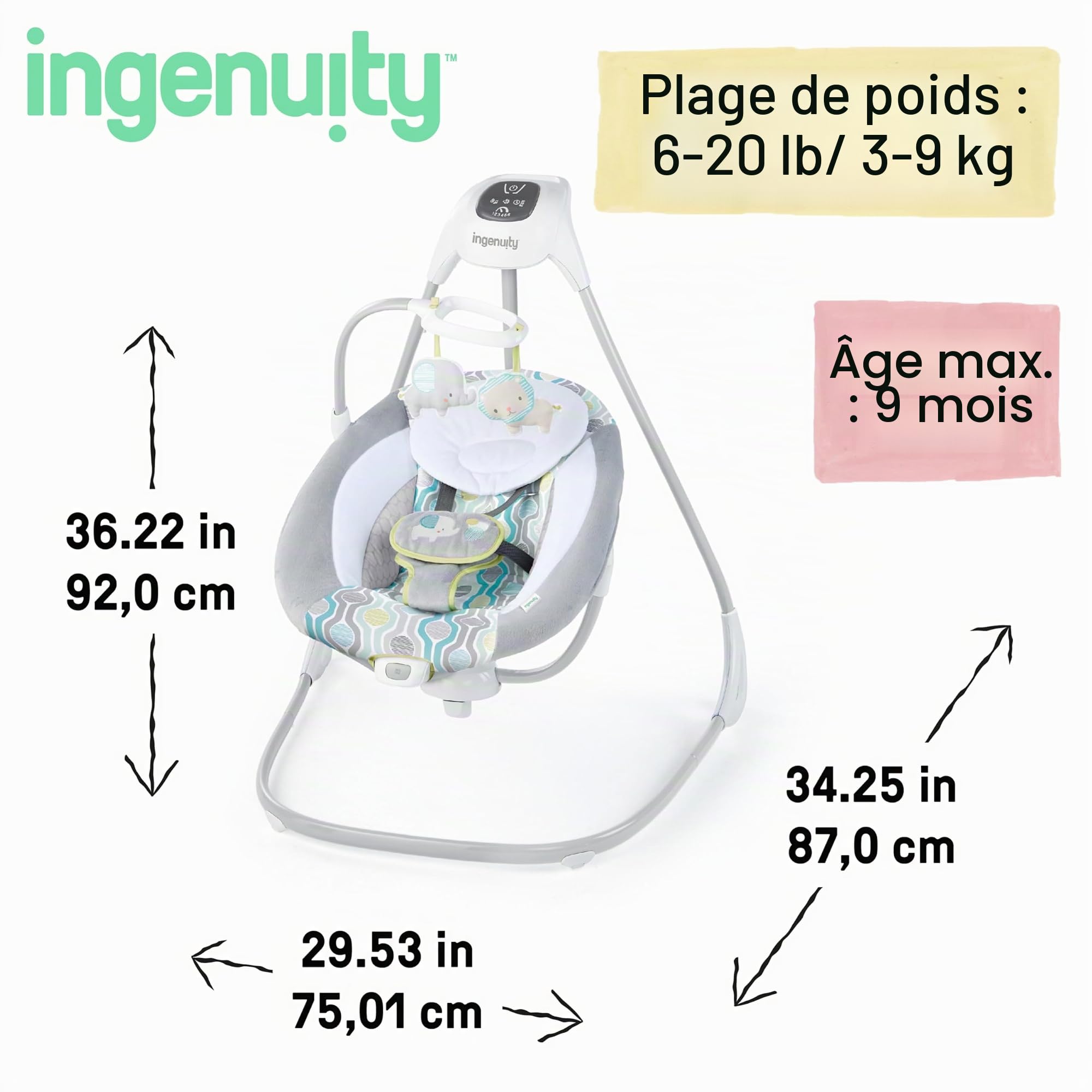 Ingenuity Balancelle Toutconfort Everston, 6 vitesses, 3 sens de balancement, 8 mélodies,3 sons de la nature, mobile avec 2 jouets en peluche, siège tourne à 180 degrés, dès la naissance à 9 kg