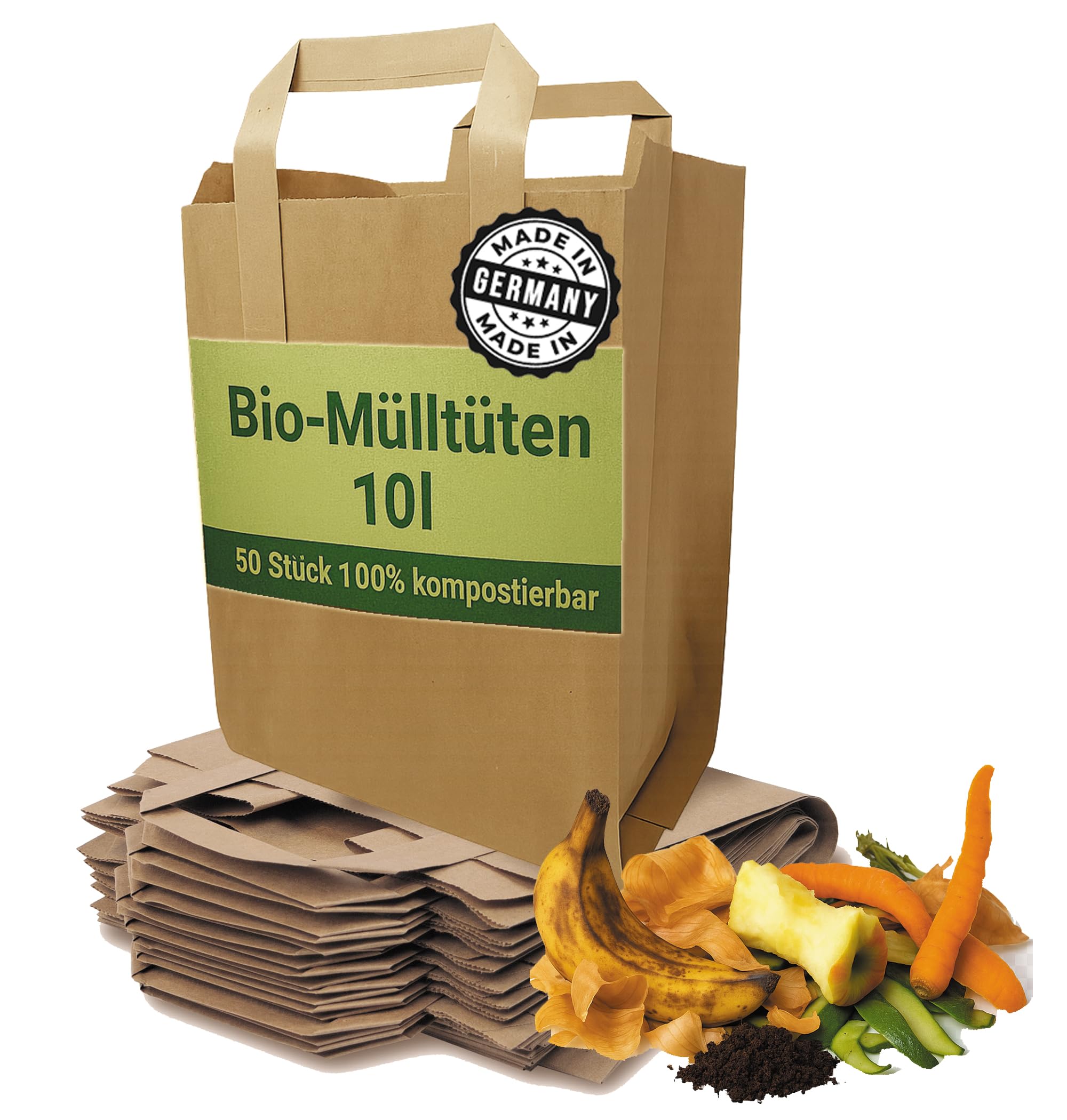 Biomüllbeutel mit Henkel Bio Mülltüten Reißfest 10 Liter | 150 Stk. Bioabfalltüten Papiermülltüten mit praktischem Tragegriff und Rollboden 100% kompostierbar von Quertee