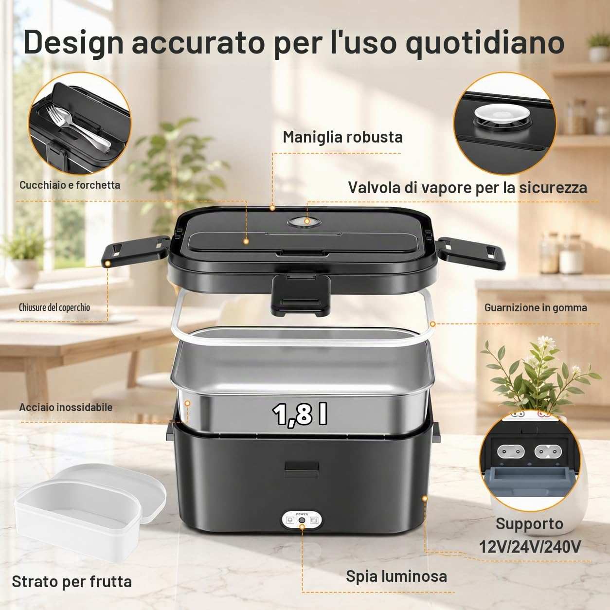 Scaldavivande Elettrico Portatile 120W 1,8L per Auto Casa e Camion | Rimovibile in Acciaio Inox 304, Riscaldamento Rapido, Facile da Pulire, 12V/24V/240V, Forchetta Cucchiaio e Borsa, 0.45L Box