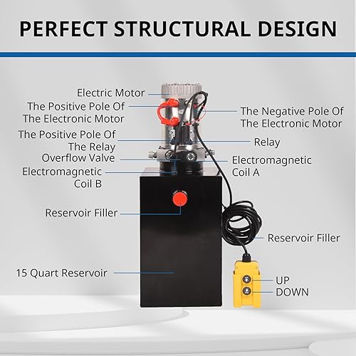Miniatura 4 de Unidad de potencia hidráulica de 15 cuartos de galón de 12 V DC Bomba hidráulica de efecto único de depósito de metal Bomba de remolque para