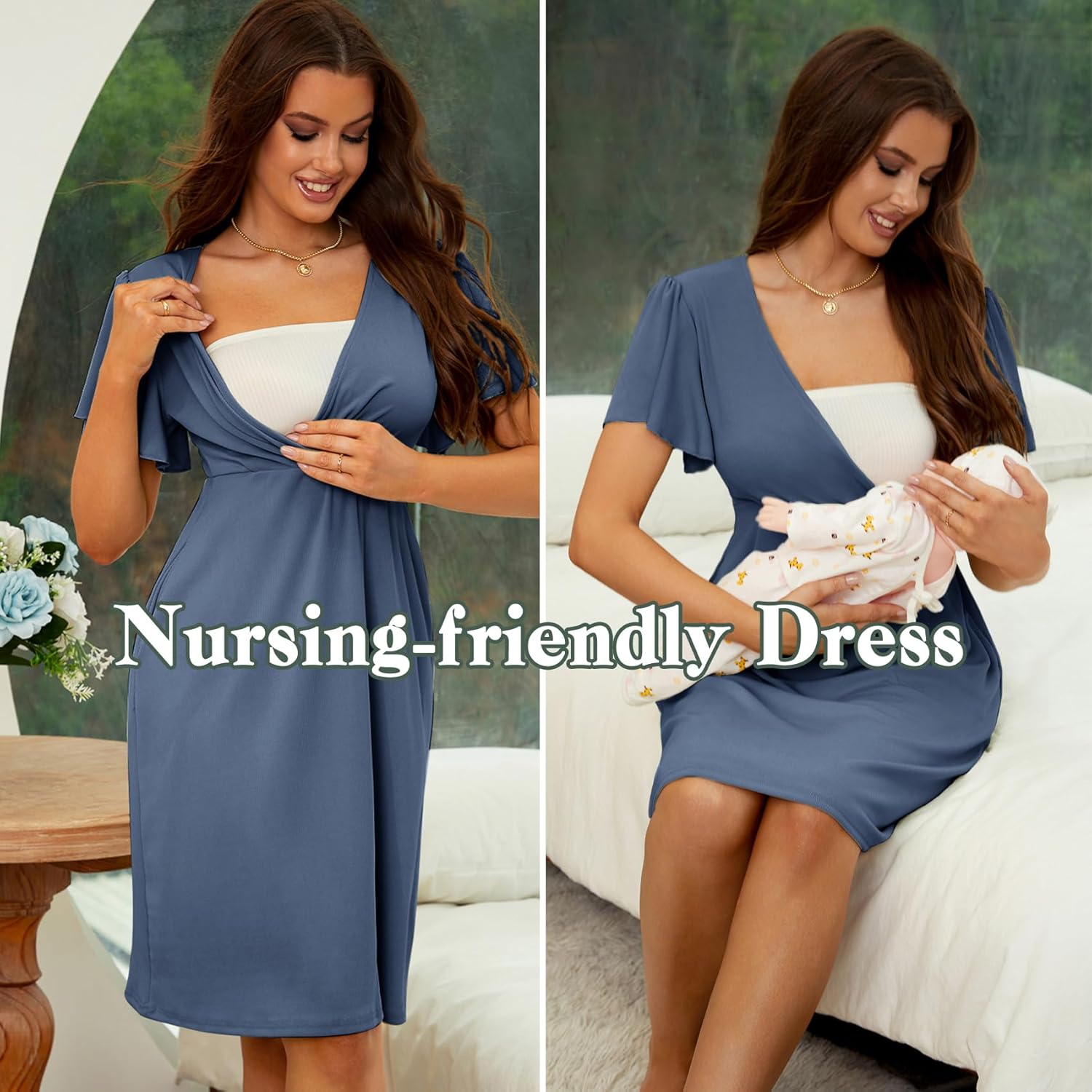 2024 Summer Maternity Nursing Dress Pockets Baby Shower Wedding Guest Pregnancy Short Ruffle Sleeves A-line Midi - Image 3
