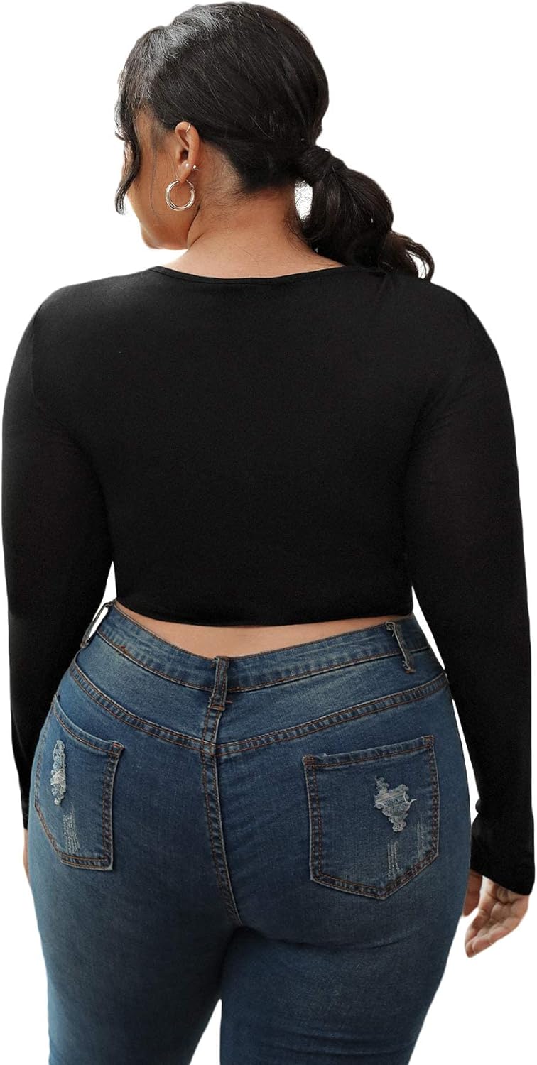 OYOANGLE Women's Plus Size Solid Long Sleeve V Neck Cut Out Tie Front Ruched Slim Fit Crop Tee Top - Image 2