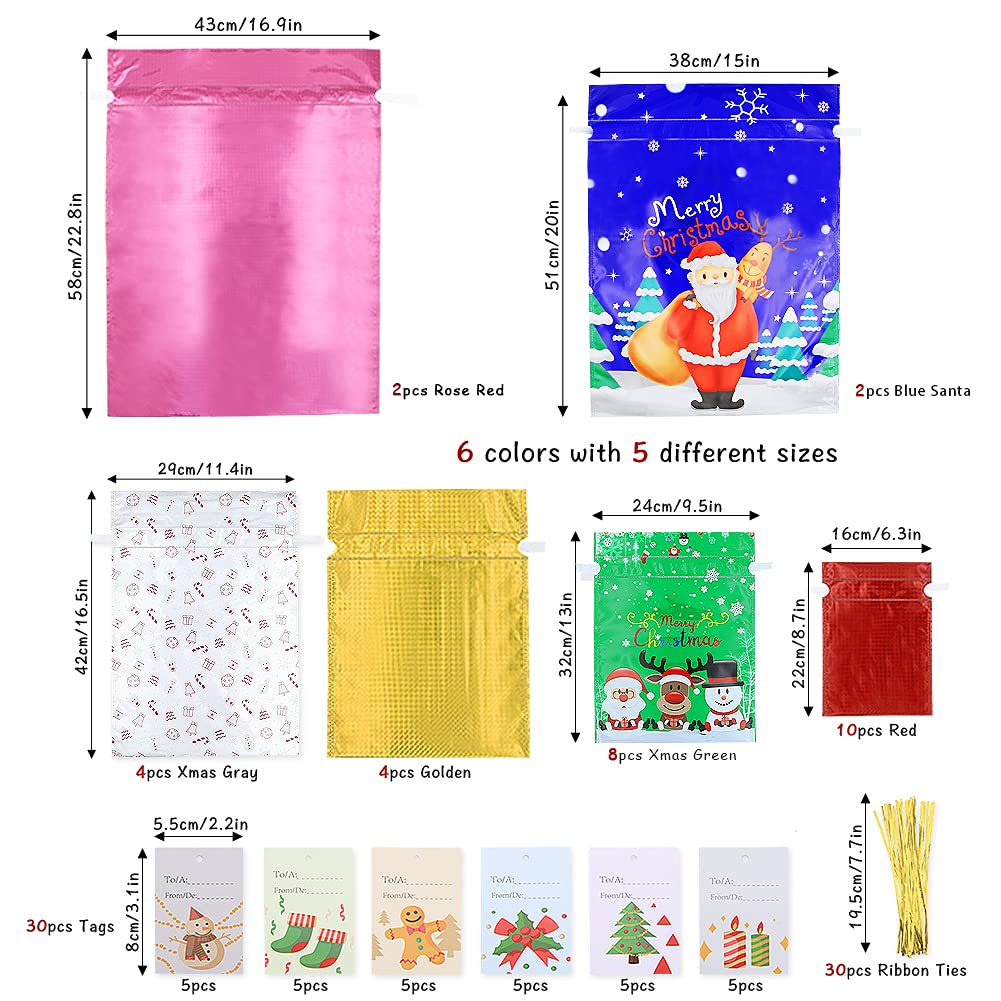 Lot de 30 sacs cadeaux de Noël avec cordon de serrage, sacs à friandises, sacs à friandises, sacs à friandises avec rubans et étiquettes en 5 tailles, pour famille, amis, enfants en toutes occasions
