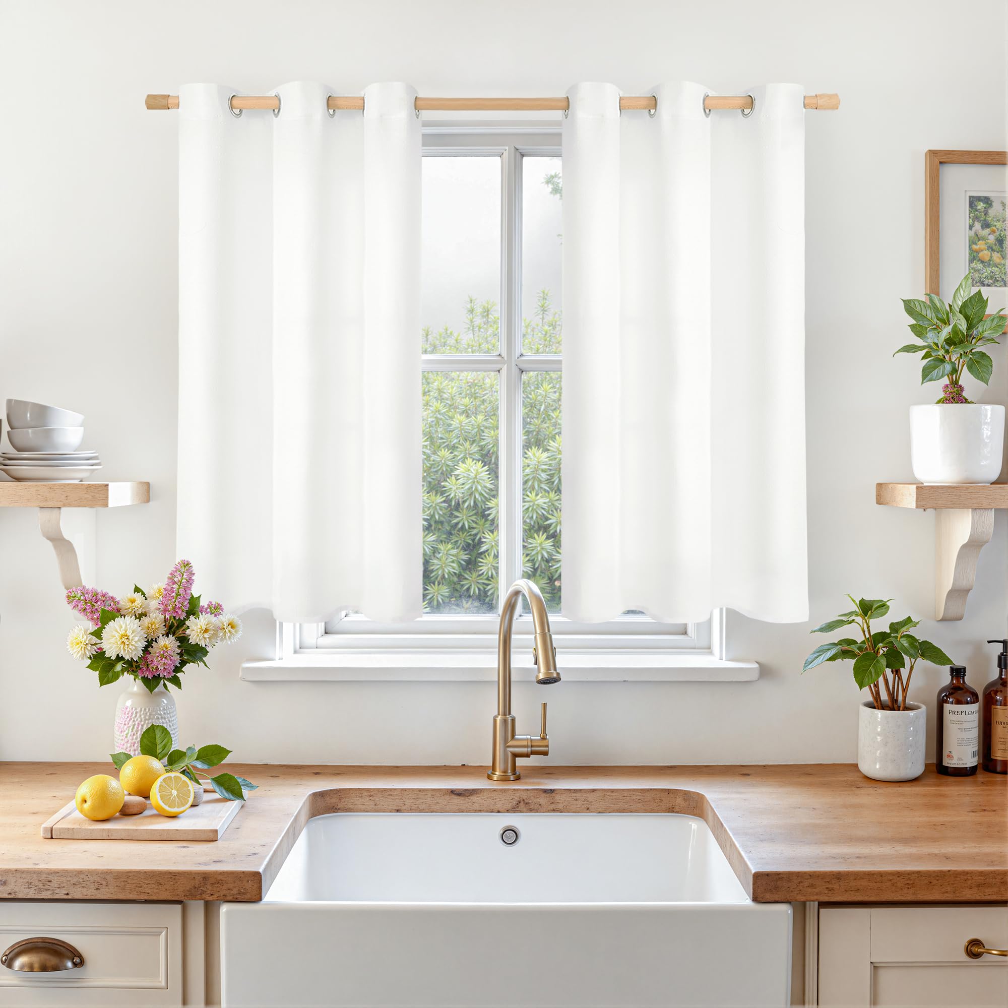 LAMIT White Linen Curtains 40 inch Length for Small Window/Kitchen Over Sink, Linen Textured Thermal Insulated Curtains Privacy Grommet Drapes for Bedroom/Bathroom, Set of 2 Panels, W42 x L40, White