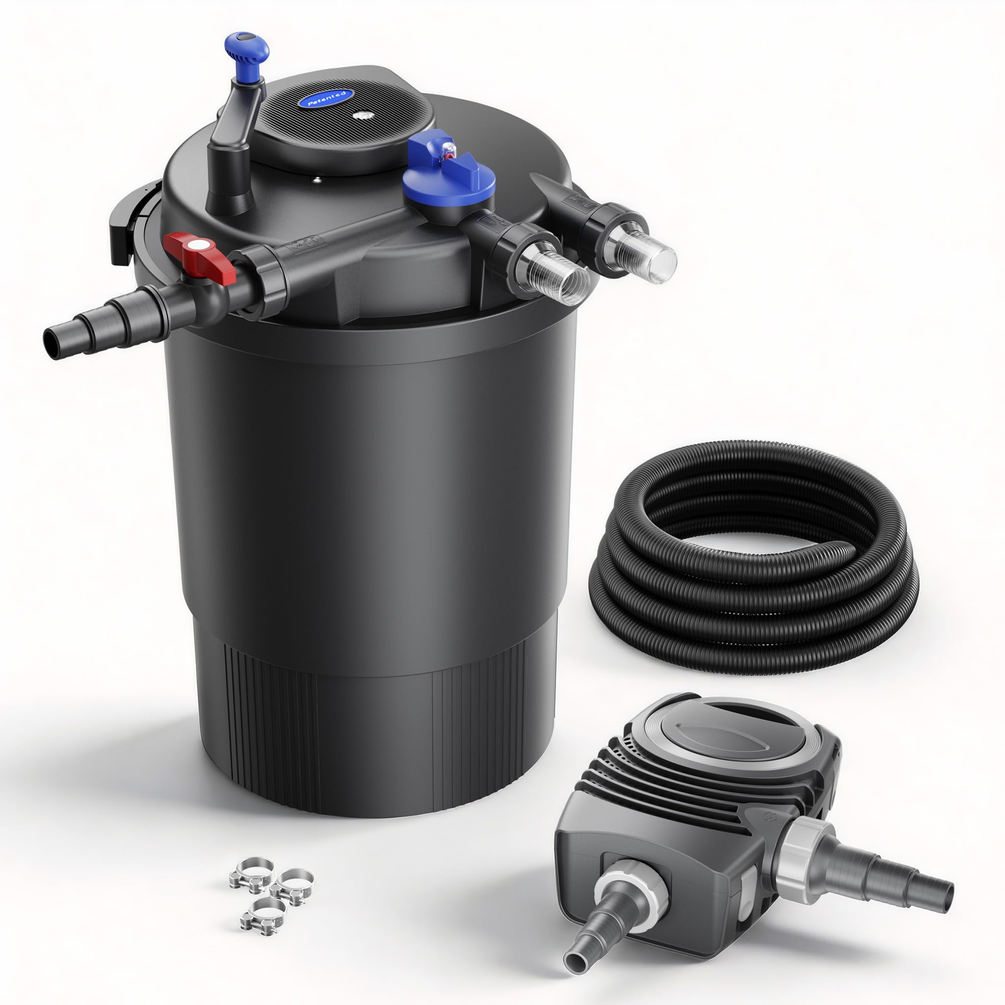 SunSun Komplettset: CPF-30000 Teichdruckfilter bis 12000 L mit 55 Watt UV-C Teichklärer, NEO8000 SuperEco Teichpumpe 8000l/h 70W, 10m Teichschlauch 38 mm (1 1/2"), Schlauchschellen W1 44-47mm