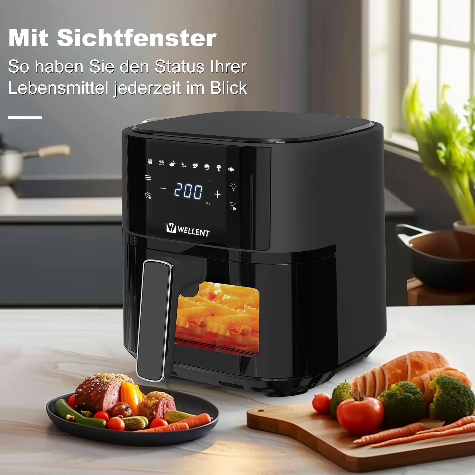 Wellent Friggitrice ad Aria 4,3 L Friggitrice Senza Olio Air Fryer, 8 Programmi di Cottura, Risultati Veloci, Compatta-Digitale, Touchscreen, Controllo Temperatura, Temperatura Massima 200° C
