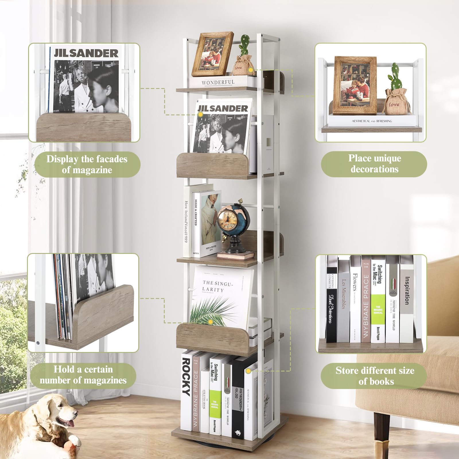 Bikoney Estantería Giratoria de 5 Niveles, Librería de Esquina en Torre, Estantería Alta y Estrecha de Estilo Industrial, Mueble de Metal para Salón, Oficina y Espacios Reducidos (Blanco y Gris)