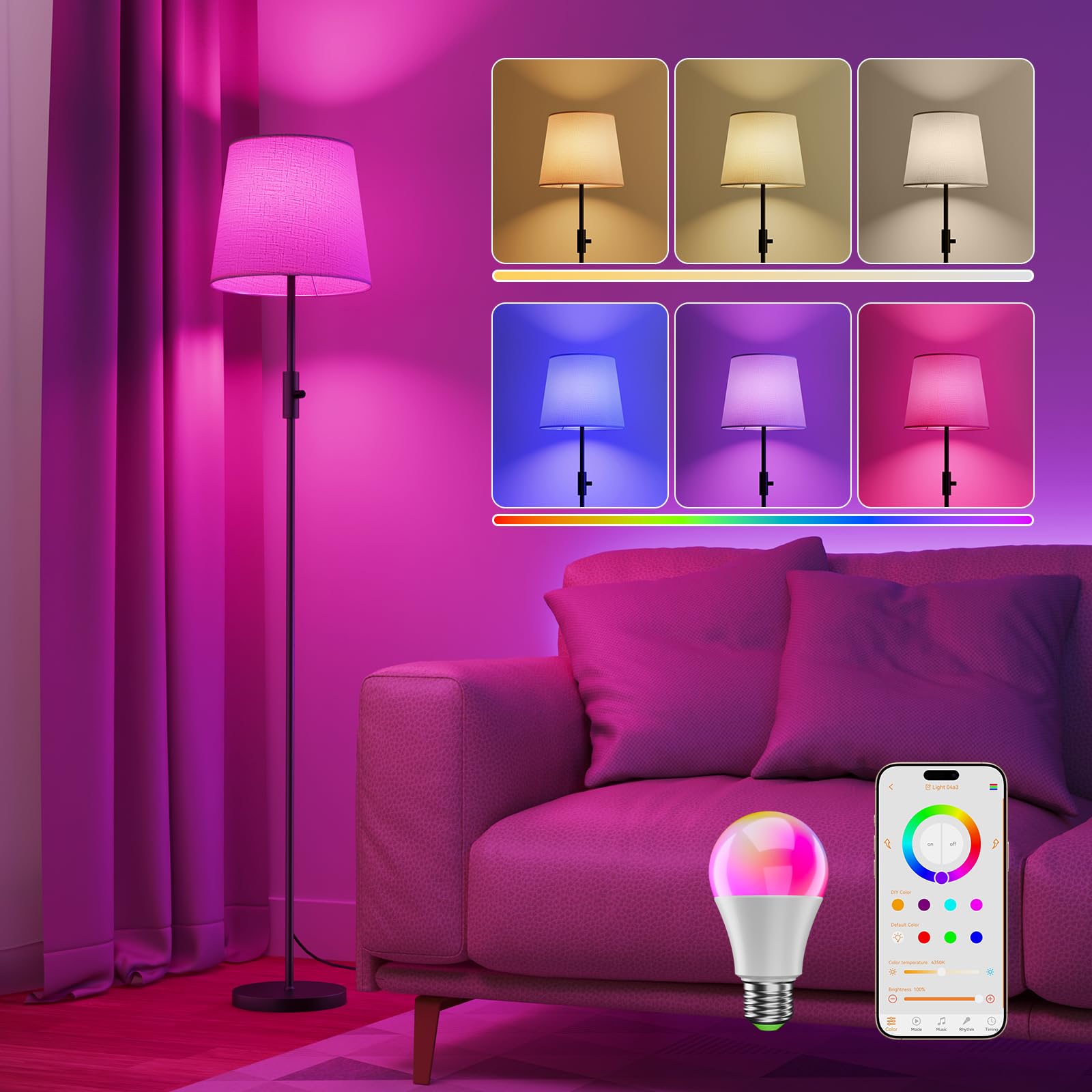 DUSKTEC Lámpara de Pie Inteligente Alexa, Lámparas de Pie Salon Moderna con Bombilla E27 10W RGB 2700K-6000K Regulables, Lámpara de Pie Controladas por APP para Sala de Estar Oficina