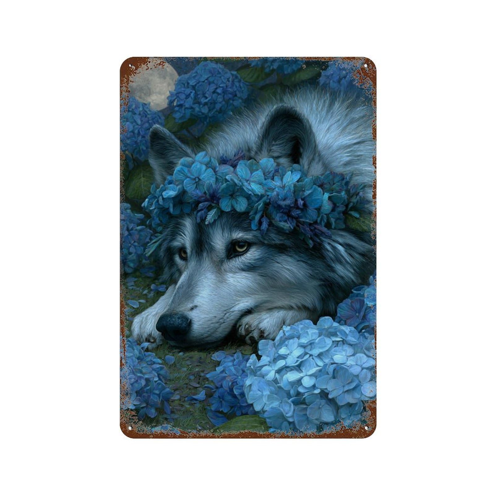 Weathered Tin Sign with Wolf in Blue Hydrangeas Design 11.8"x7.9", for Office, Studio And Wall Decor, Retro Wall Decor