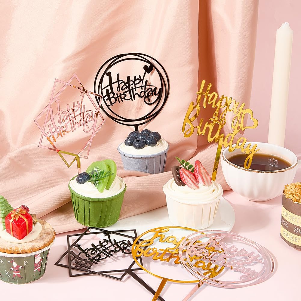 18Pcs Gold Happy Birthday Cupcake Picks Cake Signs Toppers Acrylic Colorful Insert Cards Small Hollow Word Sticks Set Accessories for Party Wedding Cakes Dessert Supplies DIY Craft Decoration