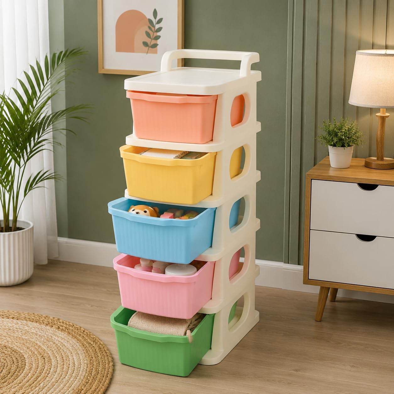 Multi-Purpose 5 Drawer Storage Cabinet | Portable Plastic Organizer with Handle for Home & Office-image-30