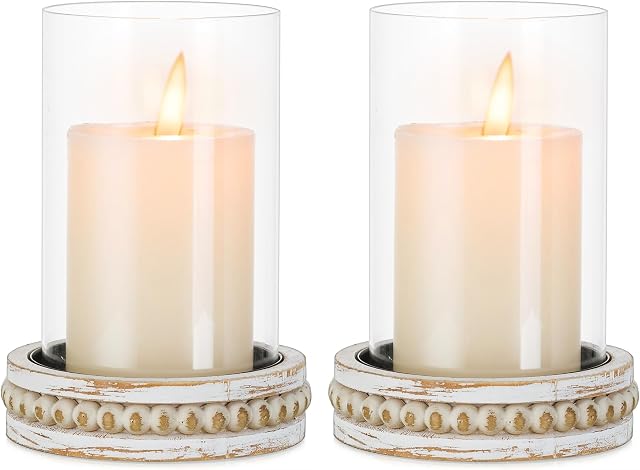 Glasseam Wooden Pillar Candle Holder, Clear Hurricane Candle Holder Set of 2, Rustic Christmas Candle Holders for Living Room, Glass Cylinder Candle Holder with Beaded Candle Tray for Home Decor