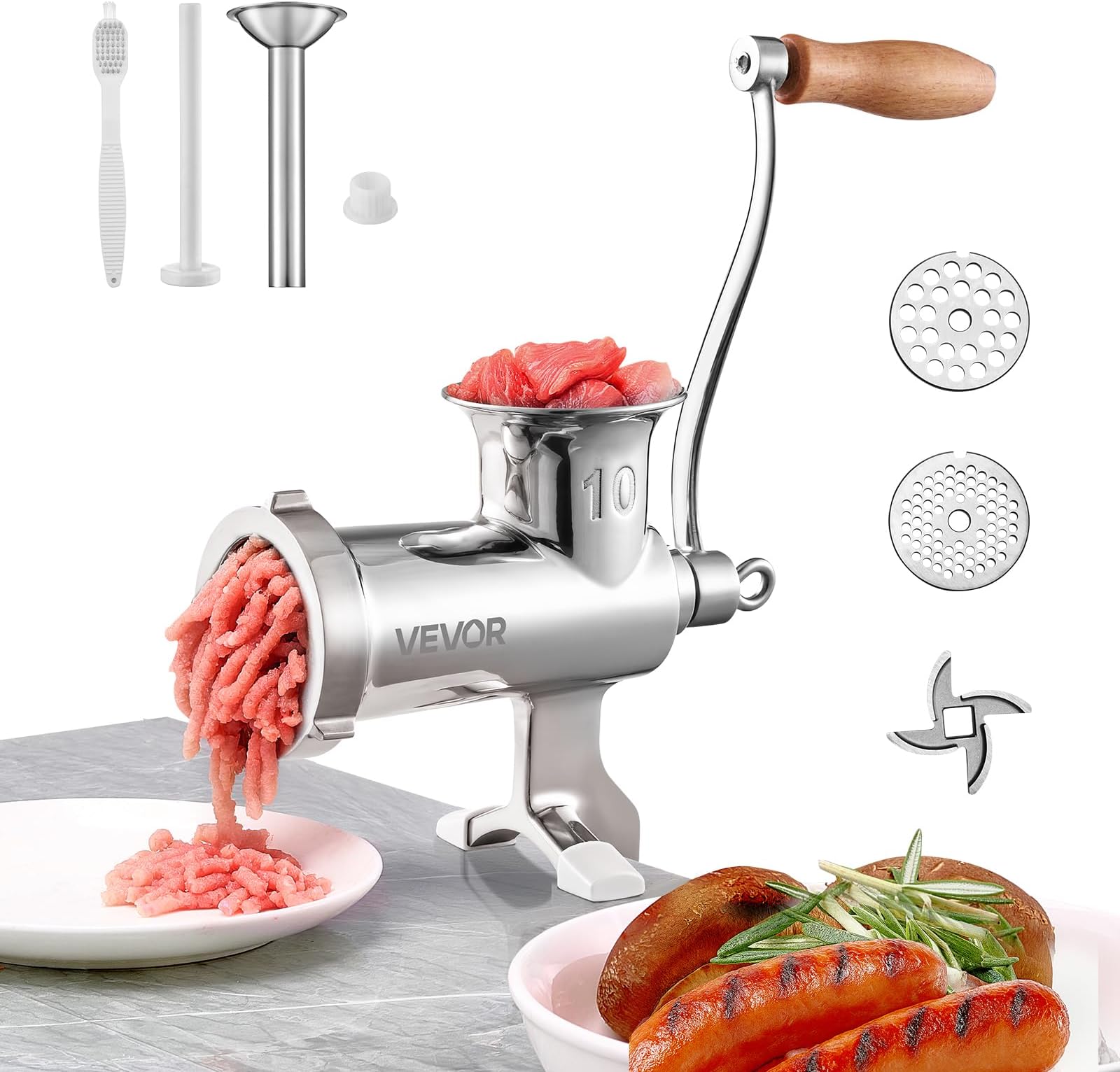 VEVOR Manual Stainless Steel Meat Grinder, 1.8" Clamp, 2 Grinding Plates, Sausage Stuffer, Ideal for Home Kitchen Restaurant Butcher’s Shop