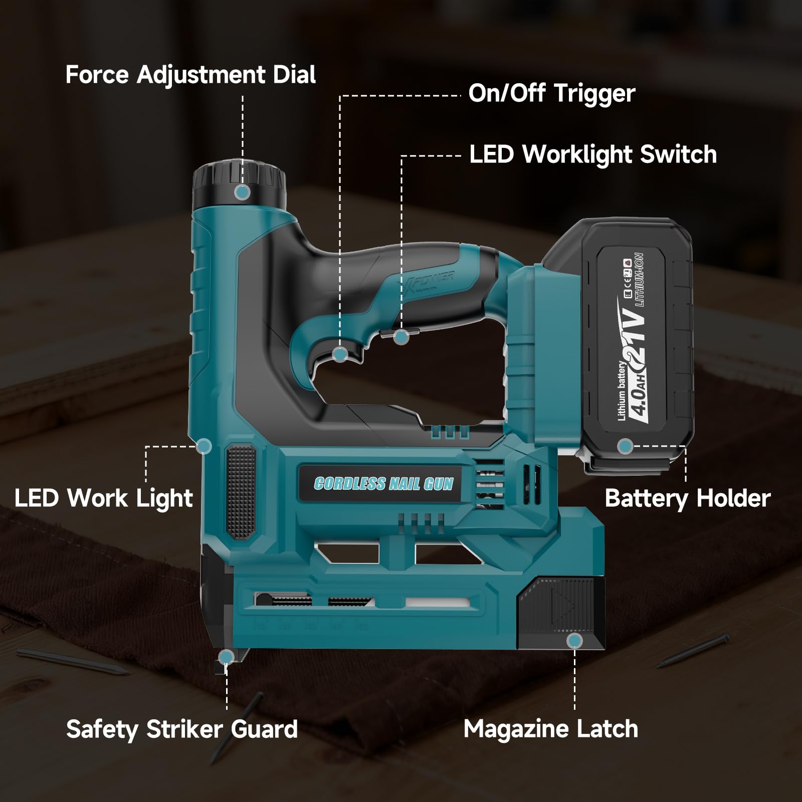 Pistolet à clouer sans fil avec 2 batteries de 4,0 Ah, cloueuse électrique 2 en 1 de calibre 18 avec 1000 clous et 1000 agrafes pour bois, tissus d'ameublement et projets de bricolage