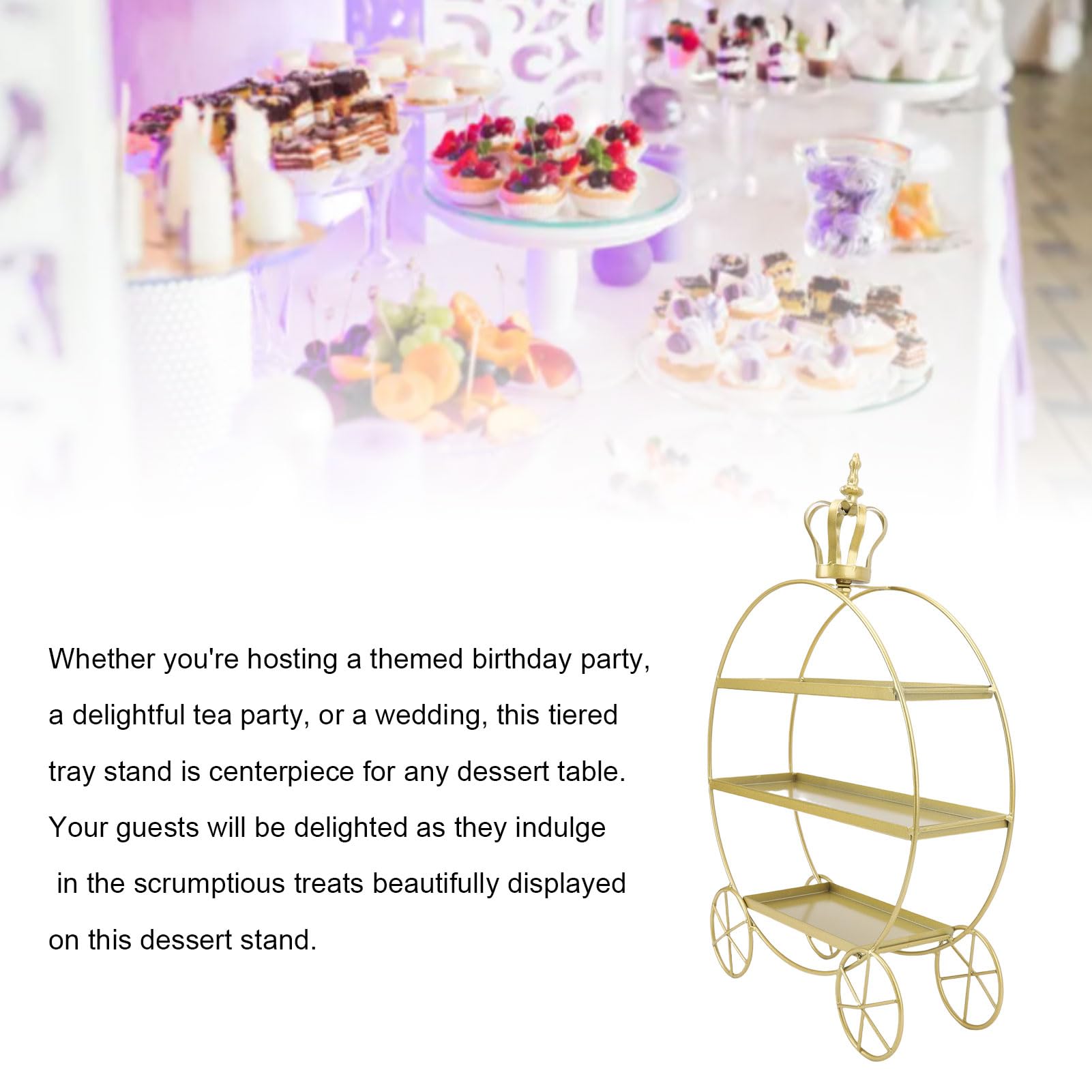 Fockety Soporte de 3 pisos para cupcakes, Expositor de metal dorado para cupcakes en carroza de princesa, Soporte personalizado para mesa de postres para decoración de fiestas de té (GOLD)