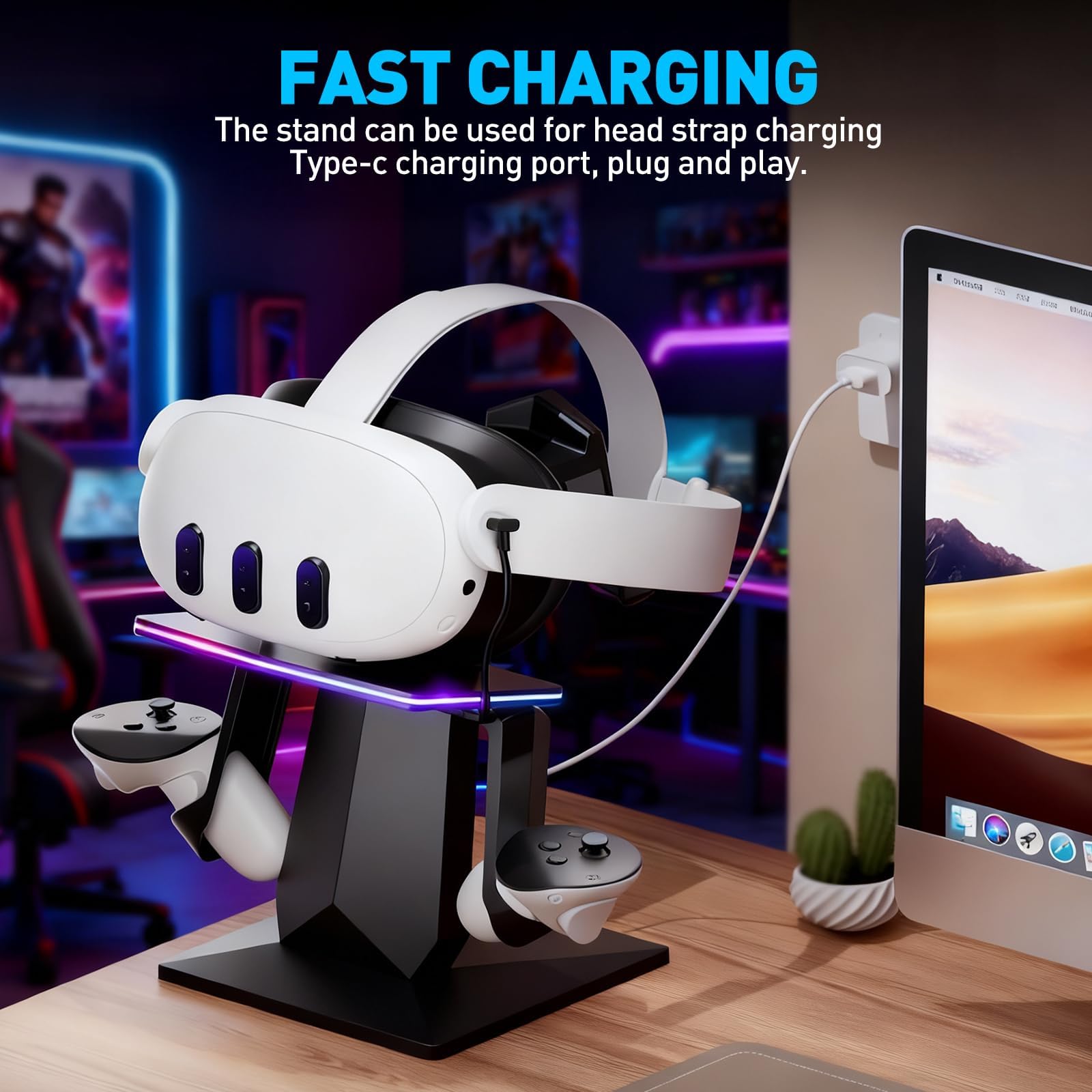 Station de charge pour Meta Quest 3S, Quest 3, 2 ou Pro, support vertical de charge RVB, accessoires avec réglage de la luminosité et réglage de 14 effets de lumière, port de charge de type C