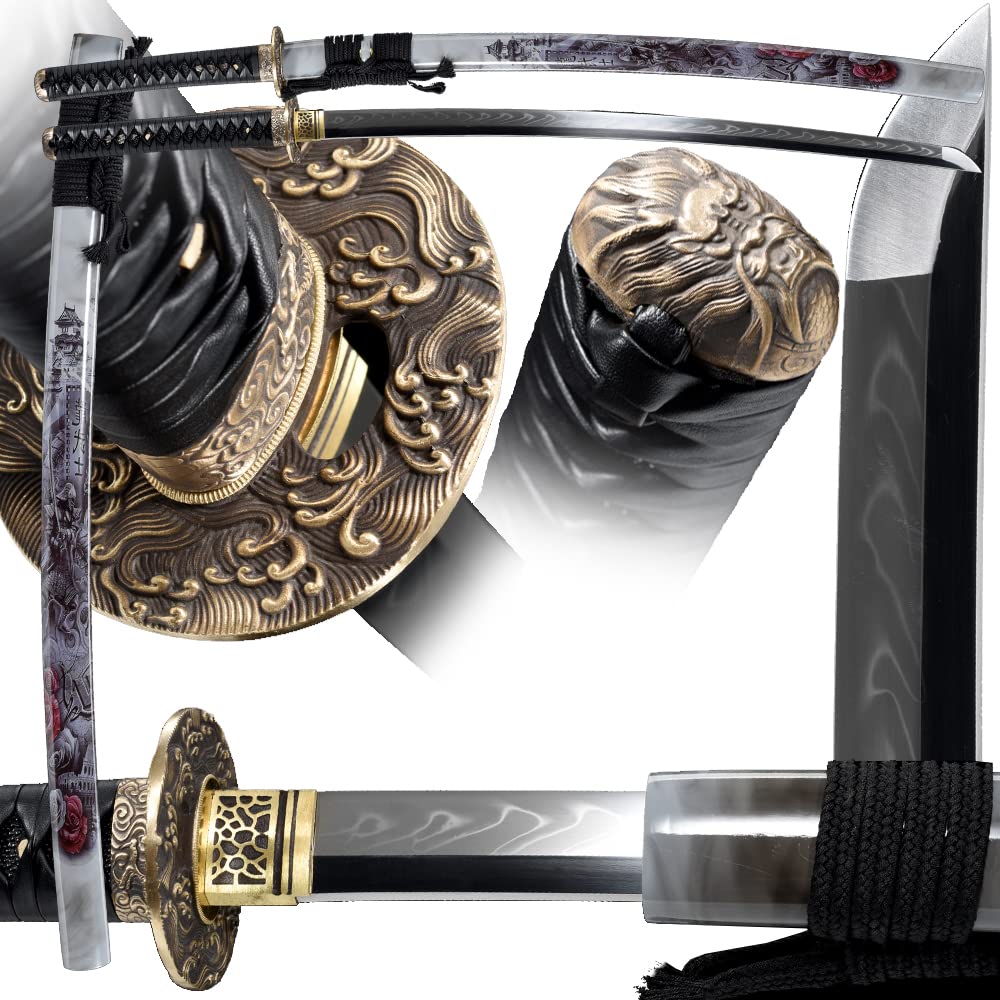 T10 High Carbon Steel Clay Tempered,Full Tang，Traditional Style Japanese Katana Handmade，Samurai Katana Sword Japanese Full Tang Sharp 1060 Carbon Steel Damascus Real Handmade Clay Tempered