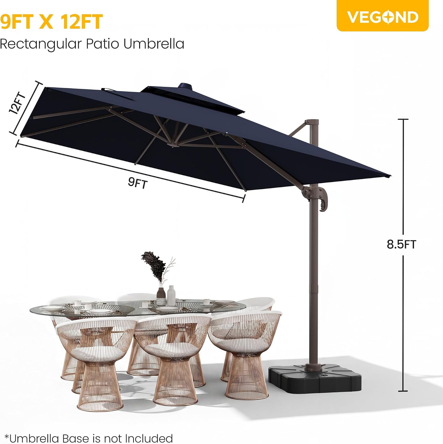 VEGOND 9x12 FT Patio Cantilever Umbrella, Rectangular Heavy Duty Offset Umbrella for 6-8 People, 360°Rotation & Mult Tilt, Double Top Design, for Pool Garden Deck (Navy)