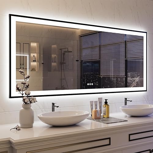ISKM Espejo LED enmarcado para baño de 72 x 32 pulgadas, espejo de baño LED regulable con luces, antiniebla, espejo iluminado frontal y