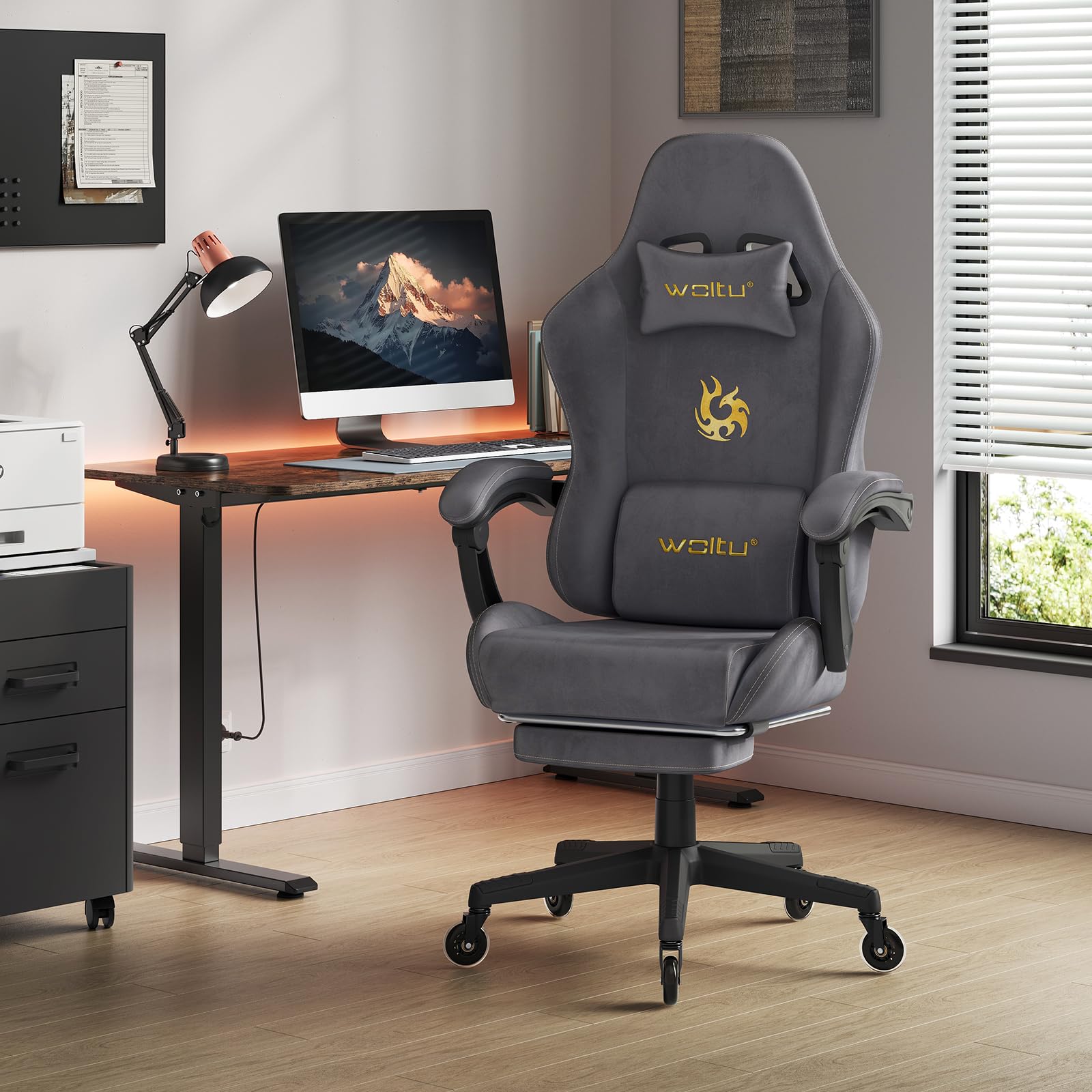 WOLTU Sedia da gaming, Sedia Gaming Ergonomica con Ruote Silenziose, Altezza e Inclinazione Regolabile, con Braccioli Sincronizzati e Poggiapiedi, in Tessuto Scamosciato, Grigio