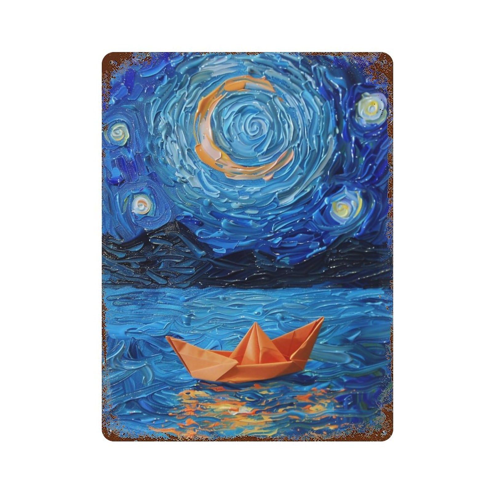 WIHYRTUI Van Gogh Style Twirl Blue Night Waterscape with Golden Vessel 04 Wall Retro Iron Metal Tin Sign Vintage Art Poster Modern Home Cofffee Club Art Bar Shop Decor Style 40x30cm