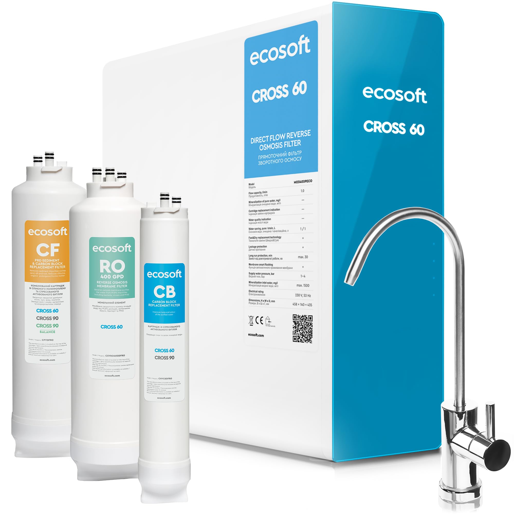 Ecosoft CROSS 60 - Filtro ad osmosi inversa, flusso diretto da 1 l/min, tecnologia ecologica a risparmio d'acqua, display intelligente, sostituzione delle cartucce fai da te