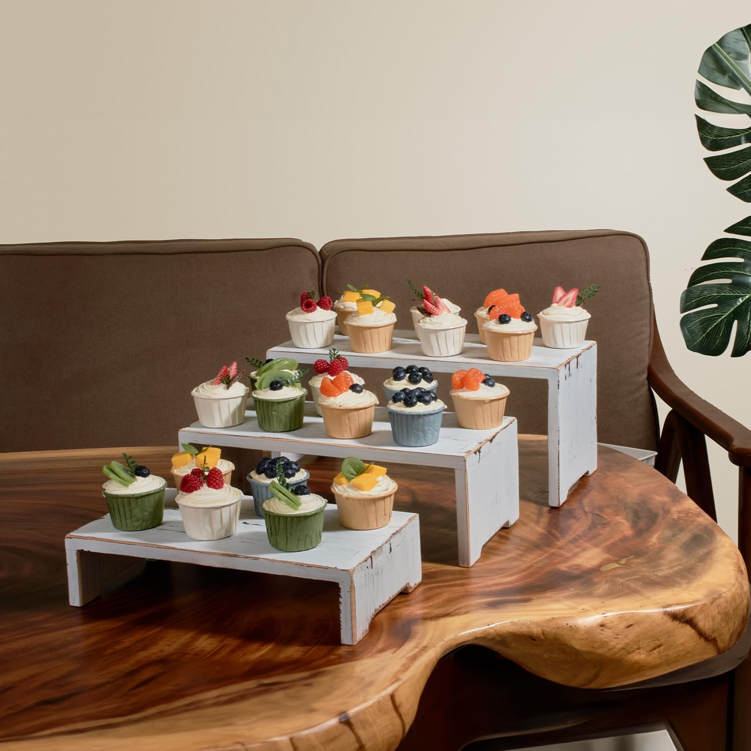 DAOYOUSKY Set of 3 Wooden Rustic Cupcake Stand for 24 Cupcakes, Stepped Wood Display Stand for Weddings, Tiered Party Buffet Table Display Nesting Riser for Food , Dessert, Cookie, Craft Show, White