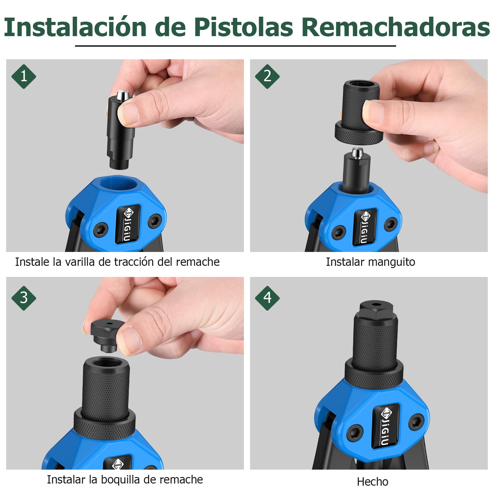 JiGiU Remachadora de Tuerca y Pistola de Remachador 2 en 1, Juego de Alicates para Remachar con M3 M4 M5 M6 M8 M10 M12 y 5 Cabezas Remachables 3.2 4.0 4.8 6.0 6.4mm con 110 Tuercas y 50 Remaches-Azul