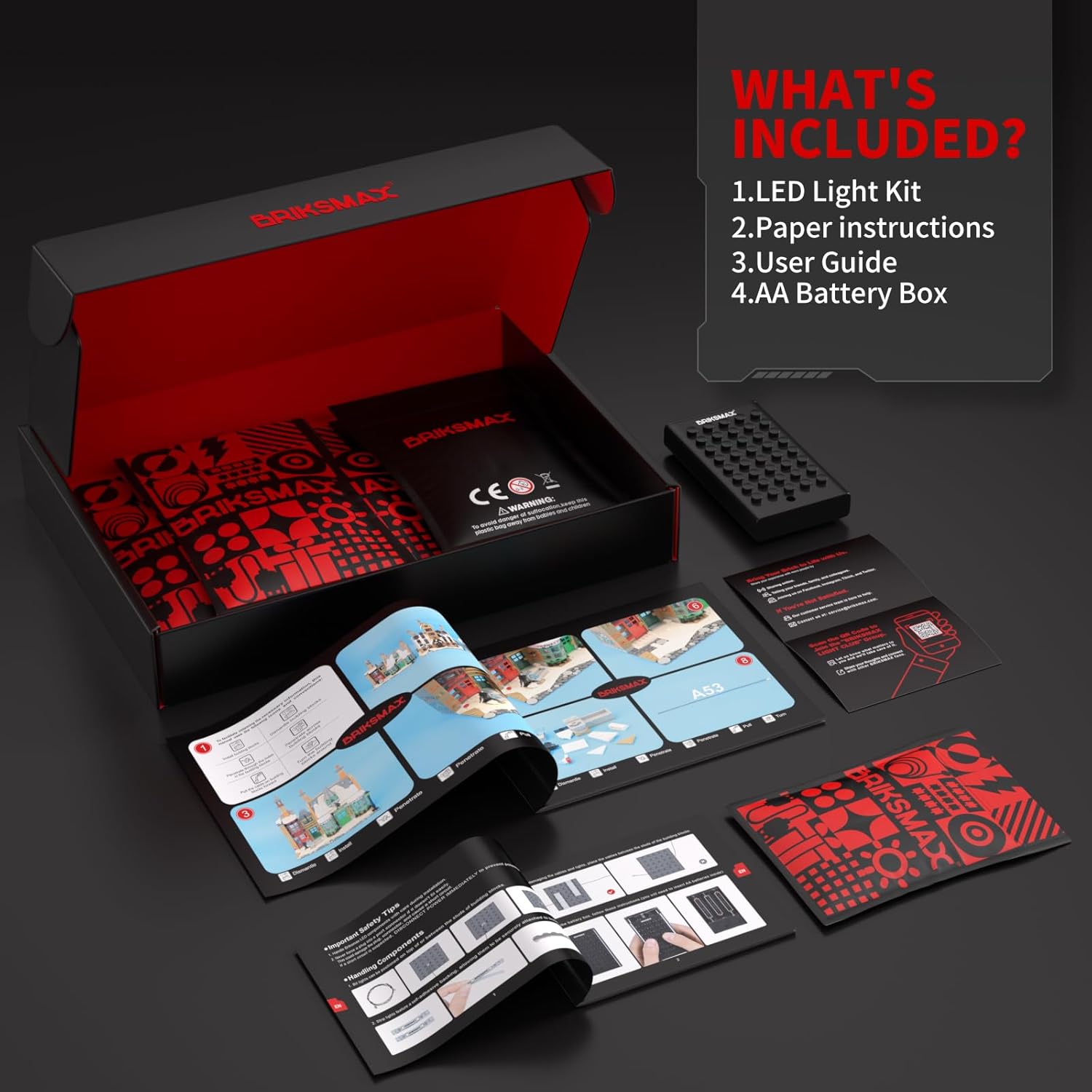 Contents of the BRIKSMAX light kit box, including LED light components, instructions, and a battery box.