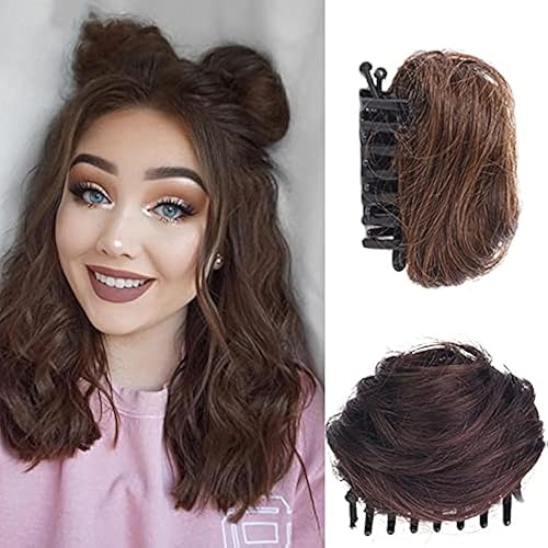 olacare Mini moño con clip de garra, orejas de gato desordenadas, extensiones de cabello rizado y ondulado, extensiones de cola de caballo para