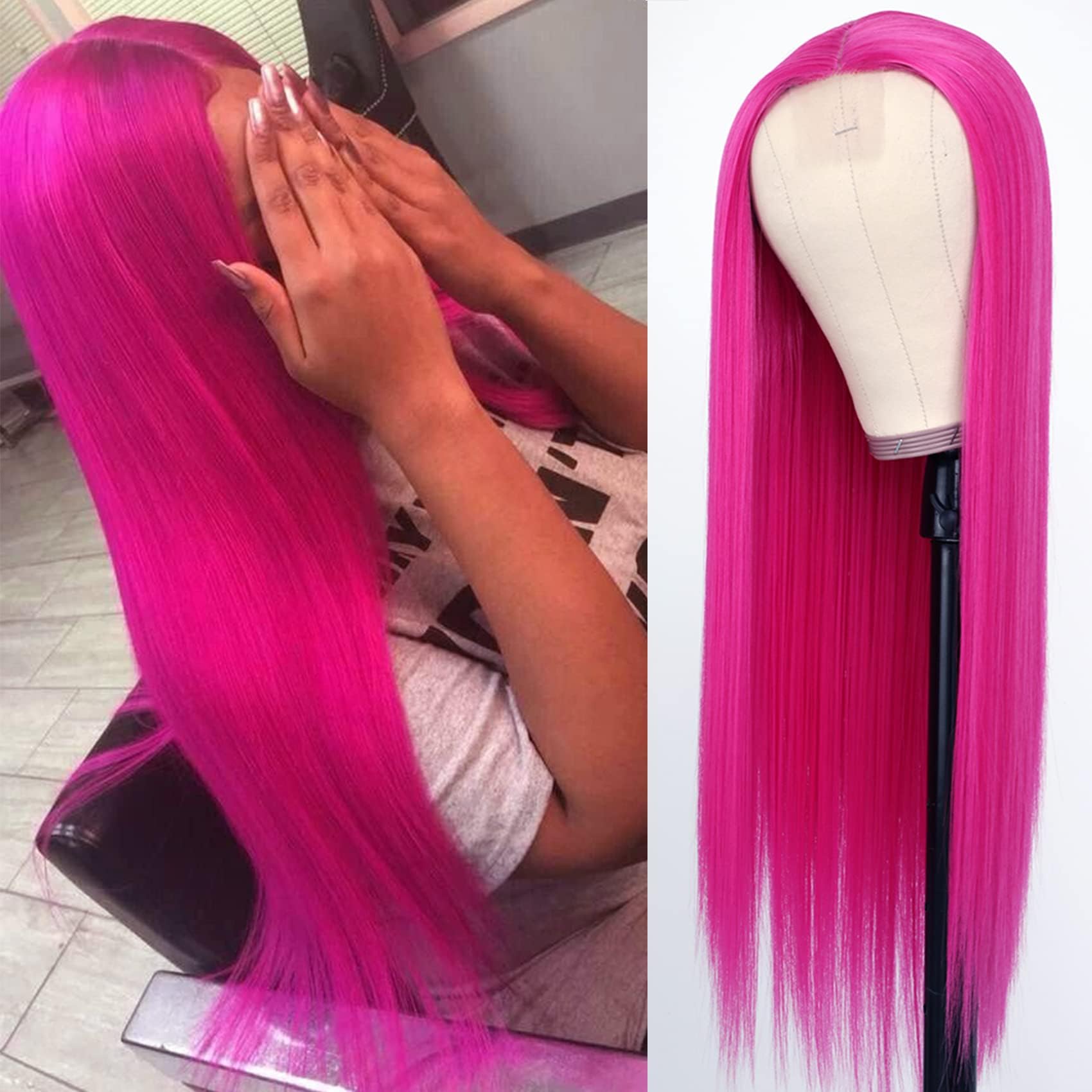 LovestoryRose Red Synthetic Hair Wigs Fuchsia Color Long Straight Hair Heat Resistant Synthetic Replacement Hair Wigs for Fashion Women