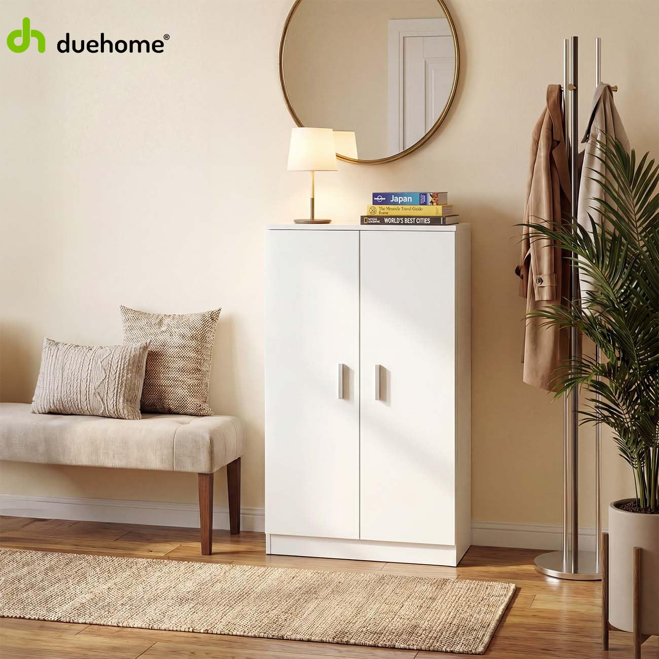 duehome | Zapatero Armario, Mueble Auxiliar, Acabado en Blanco Artik, Modelo Liam 55, Medidas: 55 cm (Largo) x 108 cm (Alto) x 36 cm (Fondo)