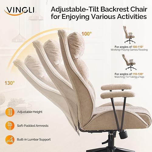 Miniatura 4 de VINGLI Silla de oficina ejecutiva de tela ergonómica de felpilla con reclinable de 100-130, silla de escritorio con respaldo alto con base